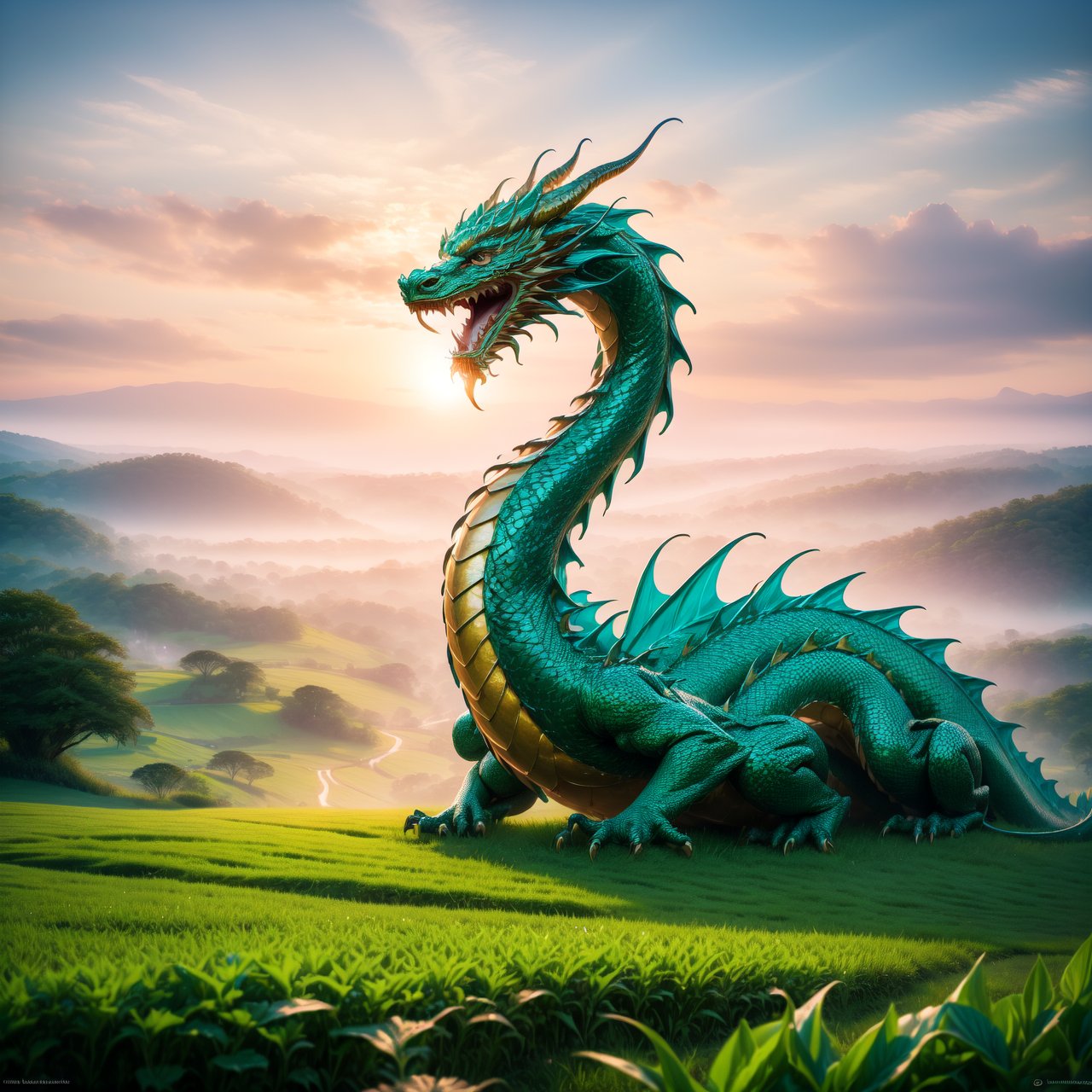 A striking depiction of 'The dragon appearing in the field' (见龙在田), focusing on the image of a traditional Chinese dragon. The dragon, with its splendid scales and regal posture, is prominently displayed against a backdrop of lush fields, symbolizing newfound visibility and the awakening of potential. The dragon's appearance is majestic and formidable, with its body elegantly coiling and its gaze piercing, embodying wisdom and emerging power. The surrounding fields are rich and fertile, enhancing the significance of the dragon's emergence and the promise of growth and prosperity.
By FuturEvoLab, (Masterpiece, Best Quality, 8k:1.2), (Ultra-Detailed, Highres, Extremely Detailed, Absurdres, Incredibly Absurdres, Huge Filesize:1.1), 