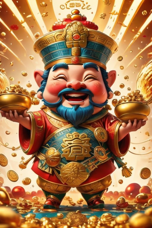 craft a cartoon character holding a bowl of gold coins, God of Wealth, ray tracing lighting, Chinese heritage, a gnome, being delighted and cheerful, an unexpected windfall, a still image from the movie, official splash art, wealth, an emperor, happy appearance, protect,High detailed 