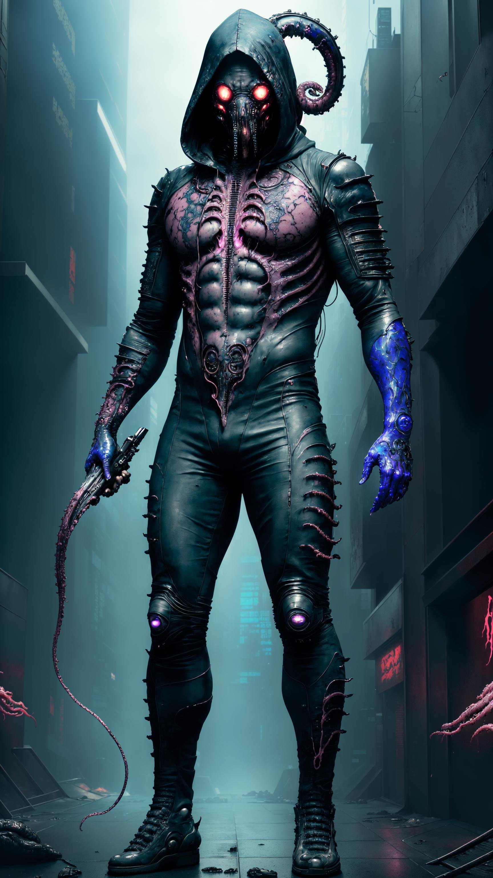 best quality, high resolution, distinct_image, alien, giger, viscera, post-apocalypse, peeled flesh, guro,broken creature, deadman, powerful figure, striking appearance, intricate tattoos, scars, hooded robe, hides their face, only their eyes visible through the shadow, tentacles, (black), (blue dark), (Frightening:1.3) (RFNKTRY), vaporwave, synthwave, cyberpunk, (by Artist Akihiko Yoshida:1.3), (by Artist Ross Tran:1.3), (by Artist Tsutomu Nihei:1.3), masterpiece, 4k, HD, blush, paw, paw shoes, stunning gradient colors, no watermark signature, detailed background, woods, small lake with island, insanely detailed, ((masterpiece)), absurdres, HDR