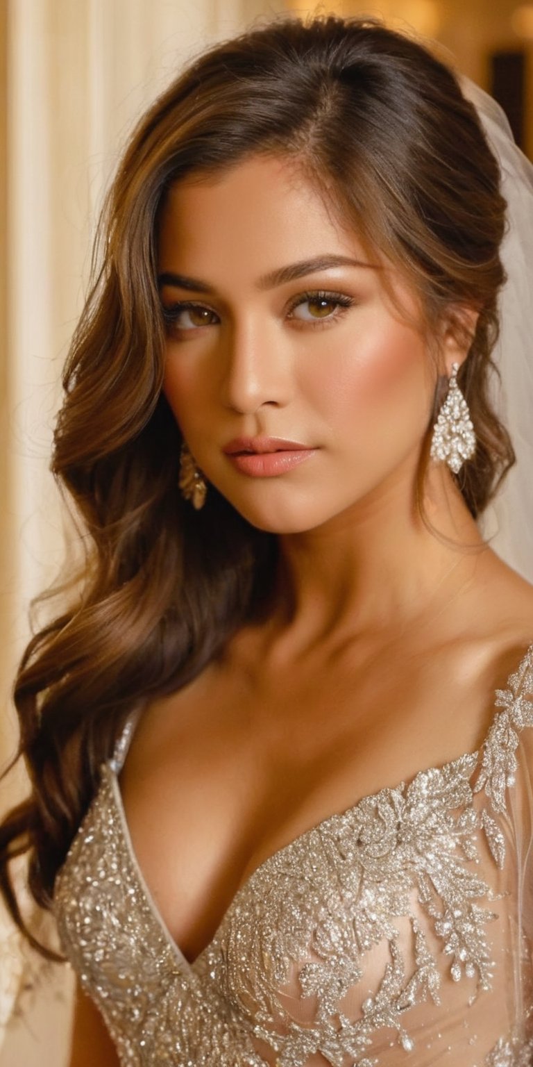 A majestic close-up shot of a radiant golden bride 👰‍♀️, her regal presence filling the frame as she stands tall, dressed in a stunning beaded and sequined gown that catches the warm, soft light. Her hair is styled in loose, flowing waves, and her eyes sparkle with an inner glow, illuminating the rich, golden tones of her skin. The background fades into a gentle blur, emphasizing the bride's resplendent figure.