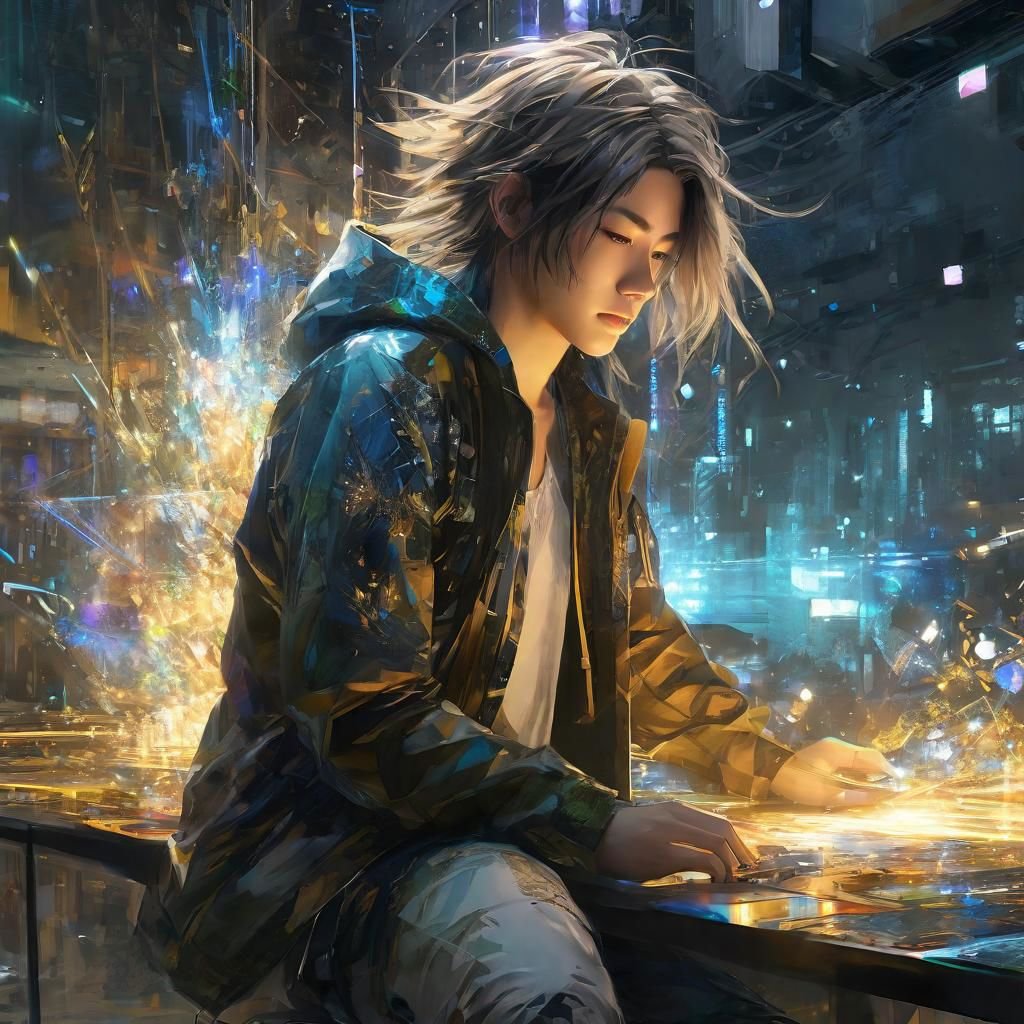 Shoulder length messy long shine hair, happy, Full body, Beautiful anime waifu style boy, hyperdetailed painting, luminism, art by Carne Griffiths and Wadim Kashin concept art, 4k resolution, fractal isometrics details bioluminescence , 4d render, octane render, intricately detailed , cinematic, trending on artstation Isometric Centered hyperrealistic cover photo awesome full color, hand drawn , gritty, realistic mucha , hit definition , cinematic, on paper, ethereal background, abstract beauty,stand, approaching perfection, pure form, golden ratio, minimalistic, unfinished, concept art, by Brian Froud and Carne Griffiths and Wadim Kashin and John William Waterhouse, intricate details, 8k post production, high resolution, hyperdetailed, trending on artstation, sharp focus, studio photo, intricate details, highly detailed, by greg rutkowski