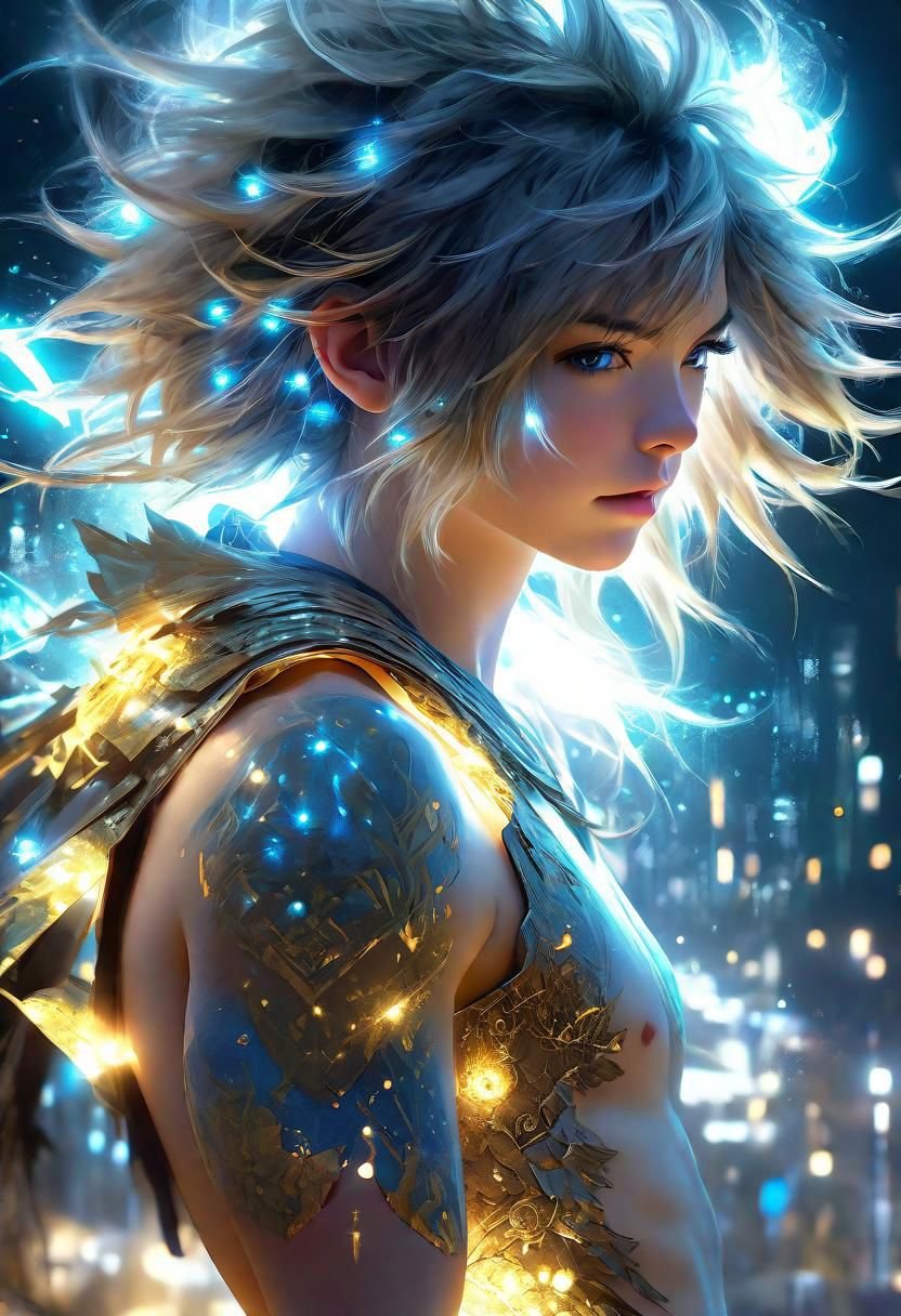 Shoulder length messy long shine hair, happy, Full body, Beautiful anime waifu style boy, hyperdetailed painting, luminism, art by Carne Griffiths and Wadim Kashin concept art, 4k resolution, fractal isometrics details bioluminescence , 4d render, octane render, intricately detailed , cinematic, trending on artstation Isometric Centered hyperrealistic cover photo awesome full color, hand drawn , gritty, realistic mucha , hit definition , cinematic, on paper, ethereal background, abstract beauty,stand, approaching perfection, pure form, golden ratio, minimalistic, unfinished, concept art, by Brian Froud and Carne Griffiths and Wadim Kashin and John William Waterhouse, intricate details, 8k post production, high resolution, hyperdetailed, trending on artstation, sharp focus, studio photo, intricate details, highly detailed, by greg rutkowski