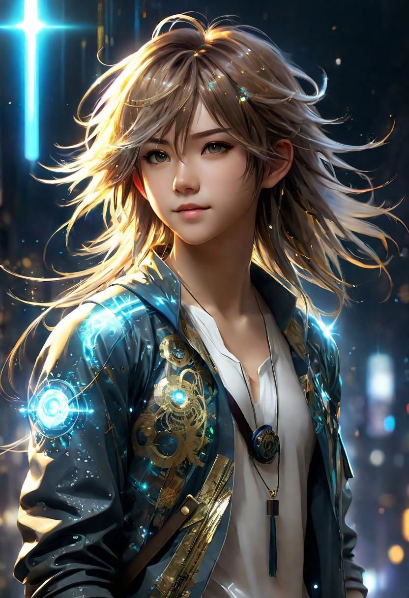 Shoulder length messy long shine hair, happy, Full body, Beautiful anime waifu style boy, hyperdetailed painting, luminism, art by Carne Griffiths and Wadim Kashin concept art, 4k resolution, fractal isometrics details bioluminescence , 4d render, octane render, intricately detailed , cinematic, trending on artstation Isometric Centered hyperrealistic cover photo awesome full color, hand drawn , gritty, realistic mucha , hit definition , cinematic, on paper, ethereal background, abstract beauty,stand, approaching perfection, pure form, golden ratio, minimalistic, unfinished, concept art, by Brian Froud and Carne Griffiths and Wadim Kashin and John William Waterhouse, intricate details, 8k post production, high resolution, hyperdetailed, trending on artstation, sharp focus, studio photo, intricate details, highly detailed, by greg rutkowski