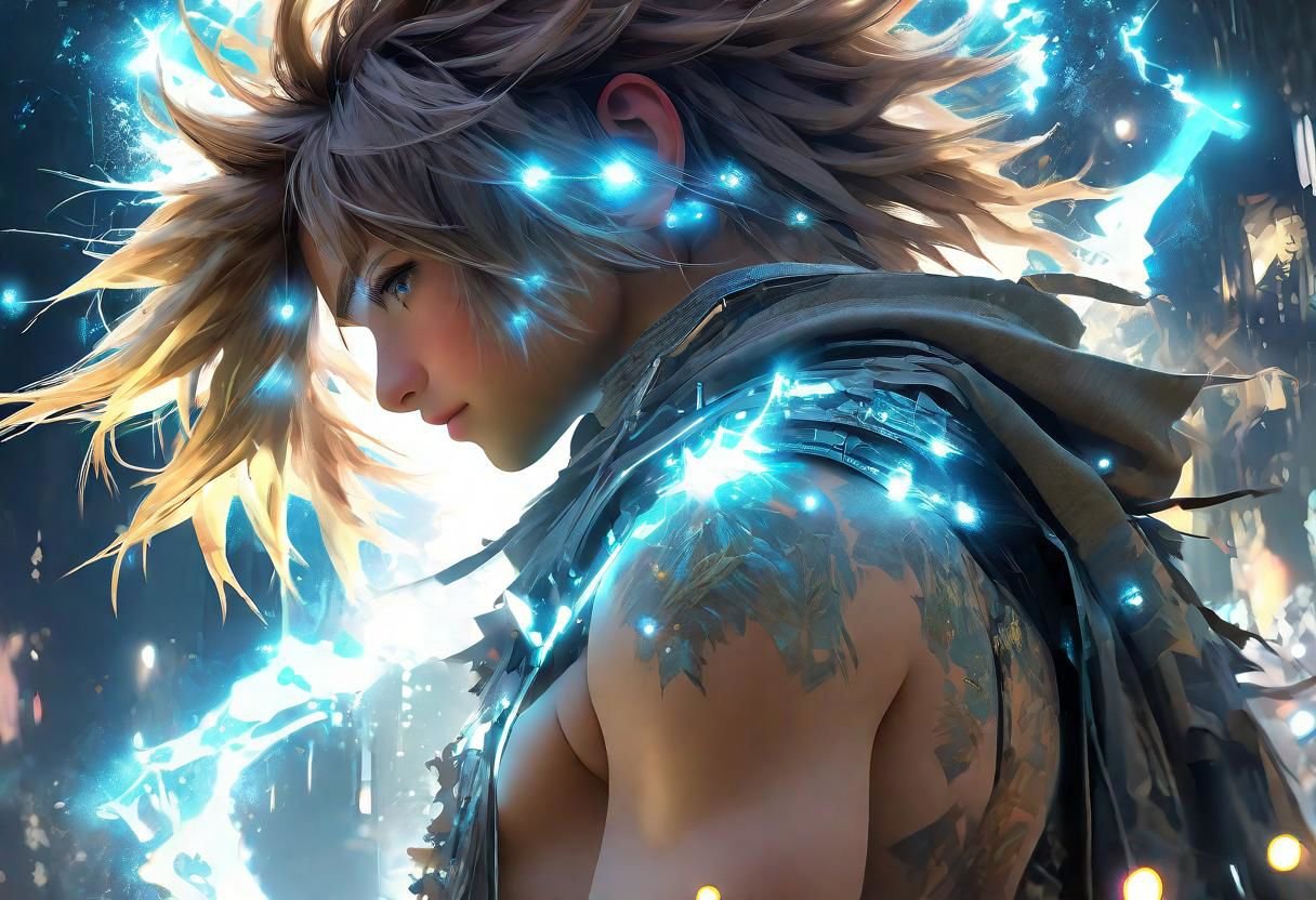 Shoulder length messy long shine hair, happy, Full body, Beautiful anime waifu style boy, hyperdetailed painting, luminism, art by Carne Griffiths and Wadim Kashin concept art, 4k resolution, fractal isometrics details bioluminescence , 4d render, octane render, intricately detailed , cinematic, trending on artstation Isometric Centered hyperrealistic cover photo awesome full color, hand drawn , gritty, realistic mucha , hit definition , cinematic, on paper, ethereal background, abstract beauty,stand, approaching perfection, pure form, golden ratio, minimalistic, unfinished, concept art, by Brian Froud and Carne Griffiths and Wadim Kashin and John William Waterhouse, intricate details, 8k post production, high resolution, hyperdetailed, trending on artstation, sharp focus, studio photo, intricate details, highly detailed, by greg rutkowski