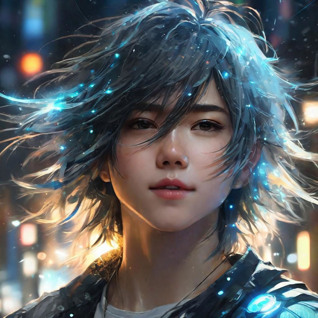 Shoulder length messy long shine hair, happy, Full body, Beautiful anime waifu style boy, hyperdetailed painting, luminism, art by Carne Griffiths and Wadim Kashin concept art, 4k resolution, fractal isometrics details bioluminescence , 4d render, octane render, intricately detailed , cinematic, trending on artstation Isometric Centered hyperrealistic cover photo awesome full color, hand drawn , gritty, realistic mucha , hit definition , cinematic, on paper, ethereal background, abstract beauty,stand, approaching perfection, pure form, golden ratio, minimalistic, unfinished, concept art, by Brian Froud and Carne Griffiths and Wadim Kashin and John William Waterhouse, intricate details, 8k post production, high resolution, hyperdetailed, trending on artstation, sharp focus, studio photo, intricate details, highly detailed, by greg rutkowski