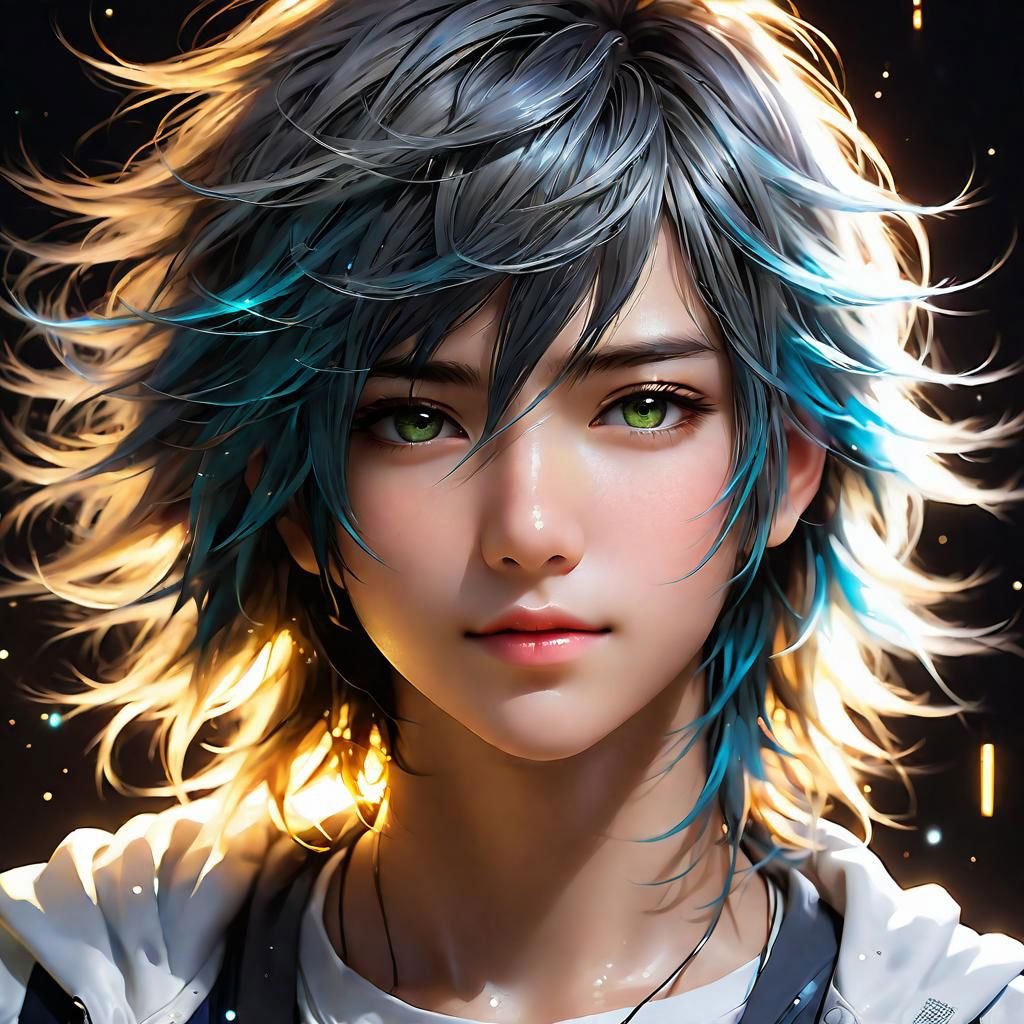 Shoulder length messy long shine hair, happy, Full body, Beautiful anime waifu style boy, hyperdetailed painting, luminism, art by Carne Griffiths and Wadim Kashin concept art, 4k resolution, fractal isometrics details bioluminescence , 4d render, octane render, intricately detailed , cinematic, trending on artstation Isometric Centered hyperrealistic cover photo awesome full color, hand drawn , gritty, realistic mucha , hit definition , cinematic, on paper, ethereal background, abstract beauty,stand, approaching perfection, pure form, golden ratio, minimalistic, unfinished, concept art, by Brian Froud and Carne Griffiths and Wadim Kashin and John William Waterhouse, intricate details, 8k post production, high resolution, hyperdetailed, trending on artstation, sharp focus, studio photo, intricate details, highly detailed, by greg rutkowski