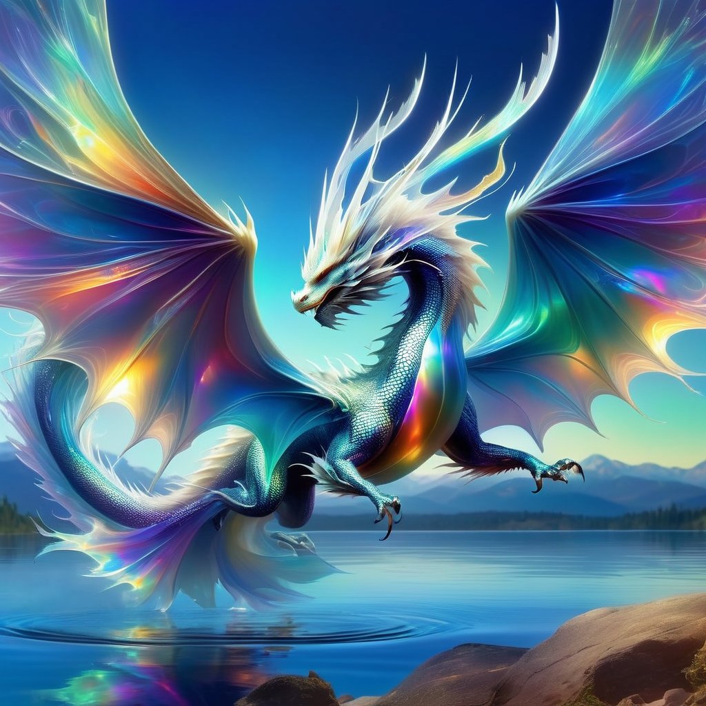 echmrdrgn western dragon, it's full body is iridescent splendour, semi-transparent and glowing opalescence, razor sharp talons and teeth, glorious wings, long whiskers, over water background, full body,