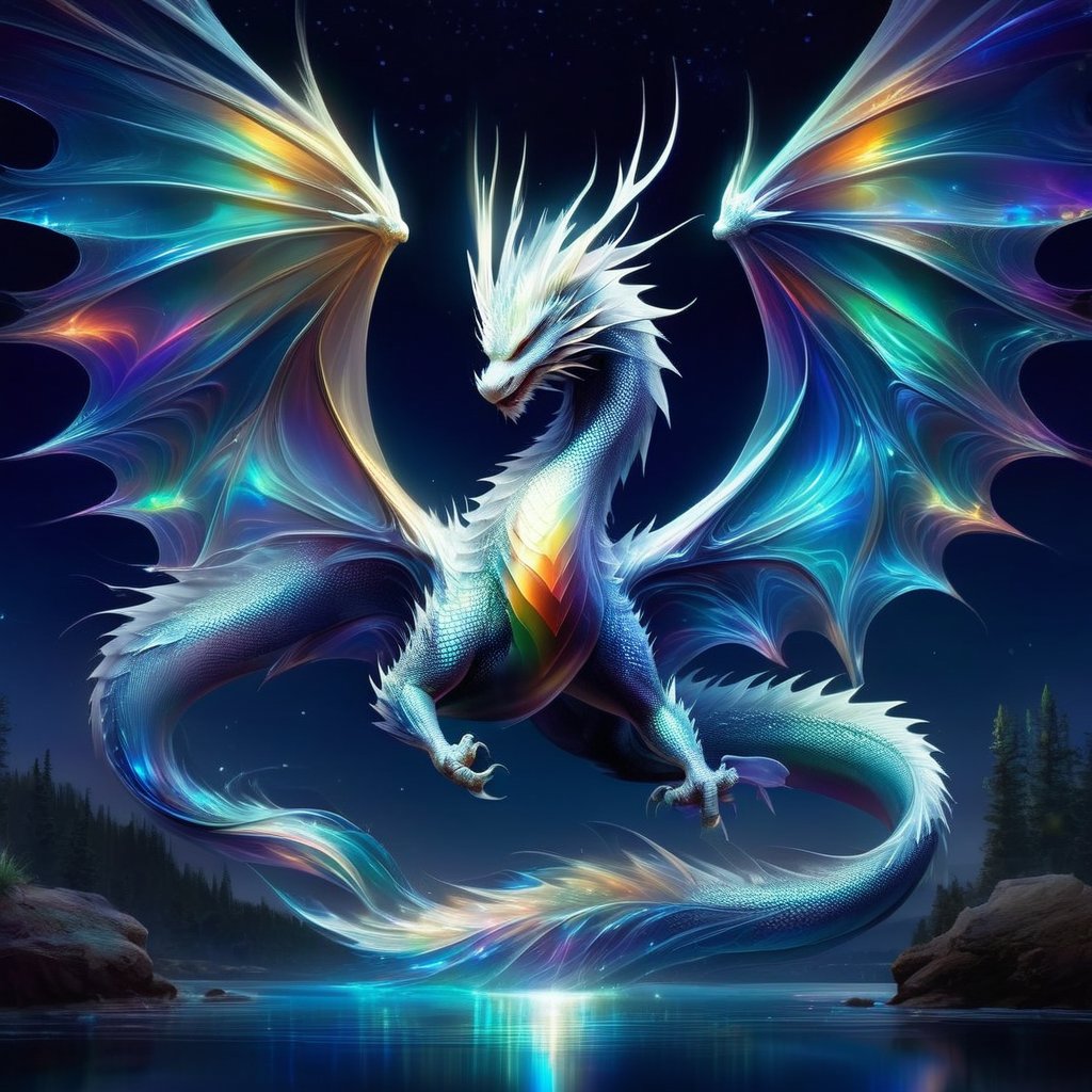 echmrdrgn western dragon, it's full body is iridescent splendour, semi-transparent and glowing opalescence, razor sharp talons and teeth, glorious wings, long whiskers, over water background, full body, at night, starry sky, moonlight reflections,