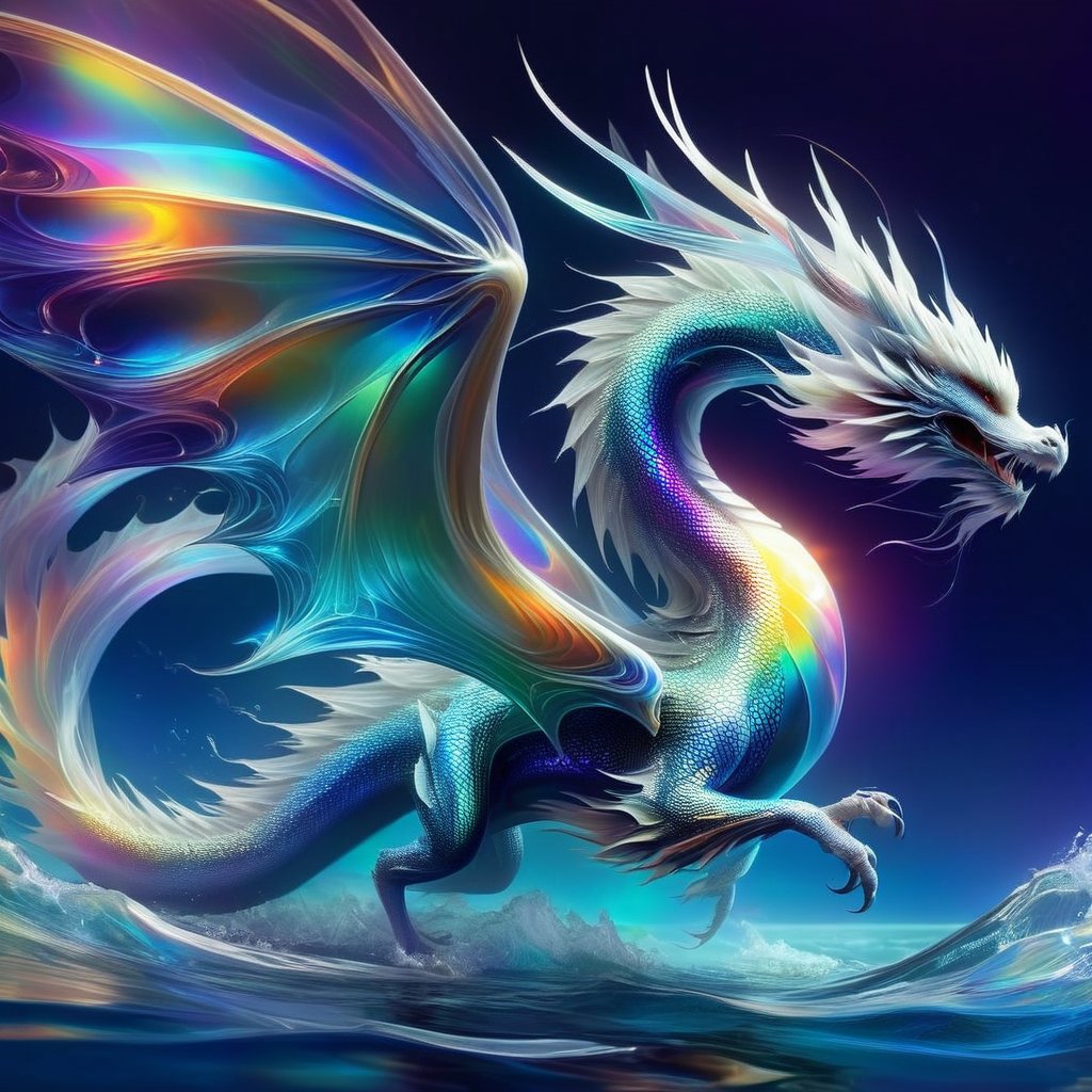 echmrdrgn western dragon, it's full body is iridescent splendour, semi-transparent and glowing opalescence, razor sharp talons and teeth, glorious wings, long whiskers, over water background, full body,