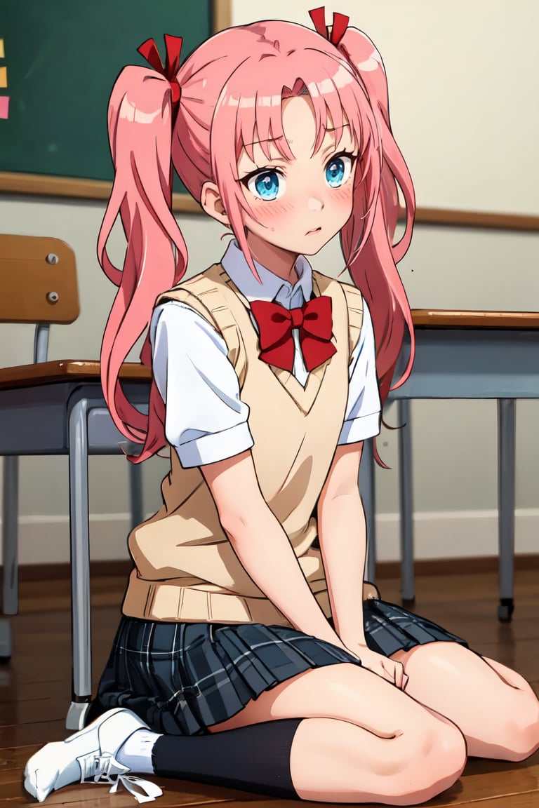 Masterpiece, best quality,solo,long hair,blush,blue eyes,skirt,1boy,bow,ribbon,twintails,sitting,school,uniform,hair ribbon,pink hair,male focus,socks,two side up,plaid,plaid skirt,wariza,otoko no ko,armband,sweater vest,crossdressing,HimeArikawa