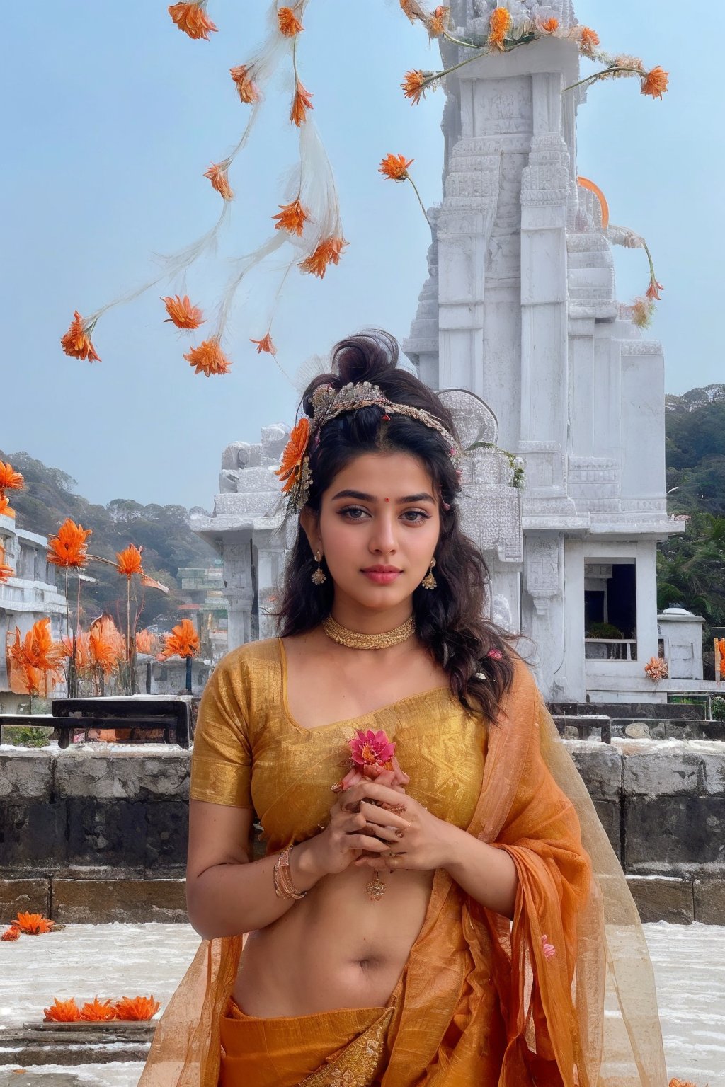 Cute girl, wearing saree, (flower_in_hair:1.5), bridal beauty, bindi, 1girl, mahima, (bindi:1.5), (setting in beautiful Hindu temple:1.8), falling_snow, big boobs, 