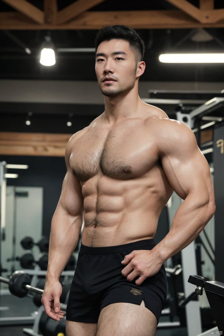  1man,male focus,(masterpiece, Realism, best quality, highly detailed,profession),asian,exquisite facial features,handsome,muscular,chest hair,fitness,tank,skin tight,knee socks,(full shot),soft lighting,blurry,jzns,zjh,