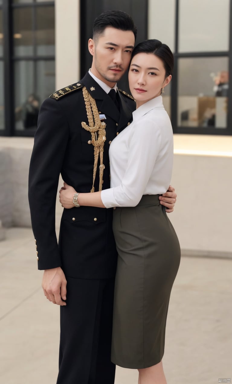  👫,a Handsome man and a sexy woman hugging together,(masterpiece, realistic, Realism, best quality, highly detailed, 8K Ultra HD, sharp focus, profession), Asian,exquisite facial features,(muscular man, wearing military_uniform), (slim woman, wearing pencil skirt), face to face, affectionate, charming eyes, outdoors, soft lighting,1man, blackpantyhose,  plns, jzns, hzbz