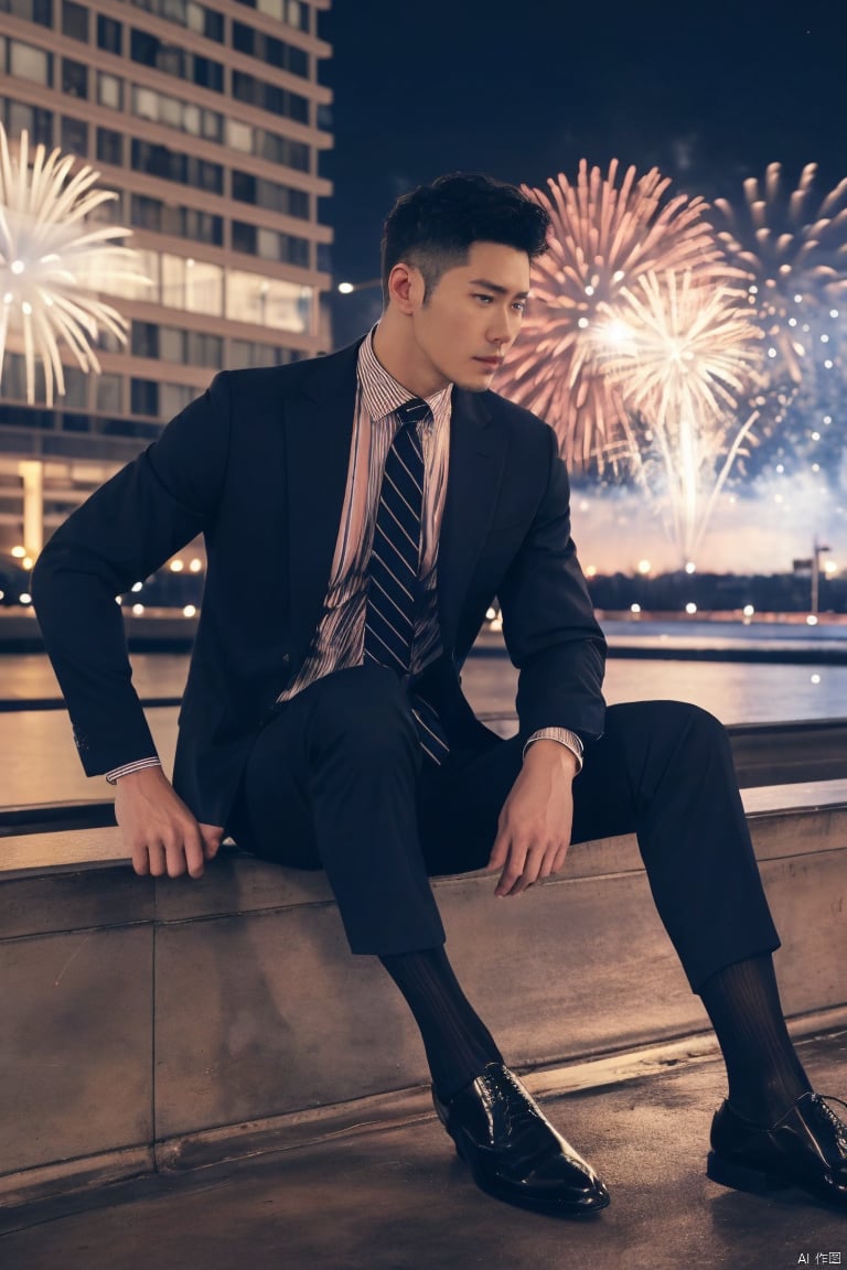  1man,fashion model,male focus,(masterpiece, realistic, best quality, highly detailed,profession),asian,exquisite facial features,handsome,deep eyes,large pectorales,sitting,black sheer socks,soft lighting,cinematic composition,outdoors,blurry,jzns, fireworks,