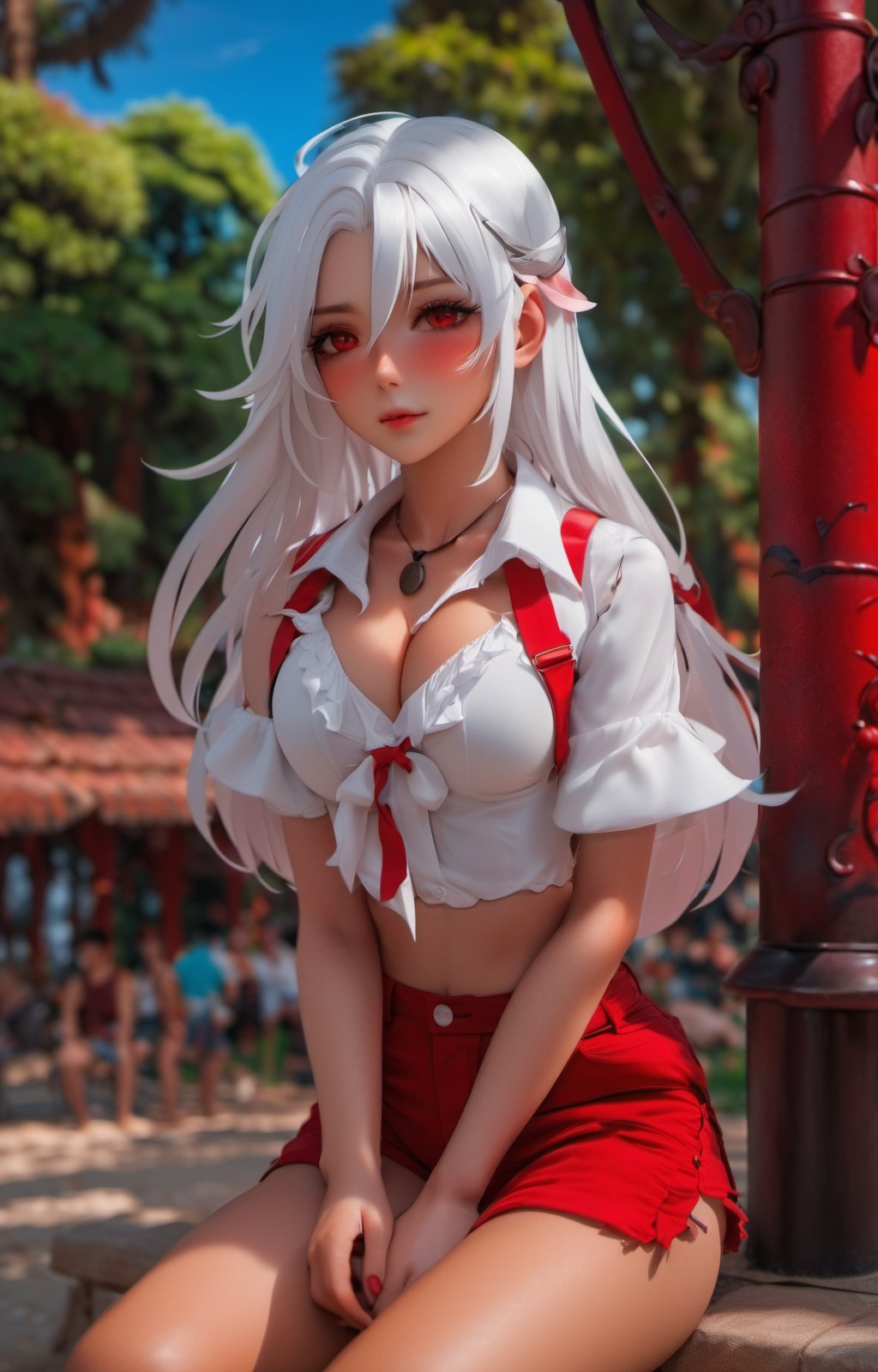 1girl, long hair, White hair, red eyes, jitome, flat chest, sitting, on park, day, blue Sky, clouds, black shorts, White shirt, long legwears, camera