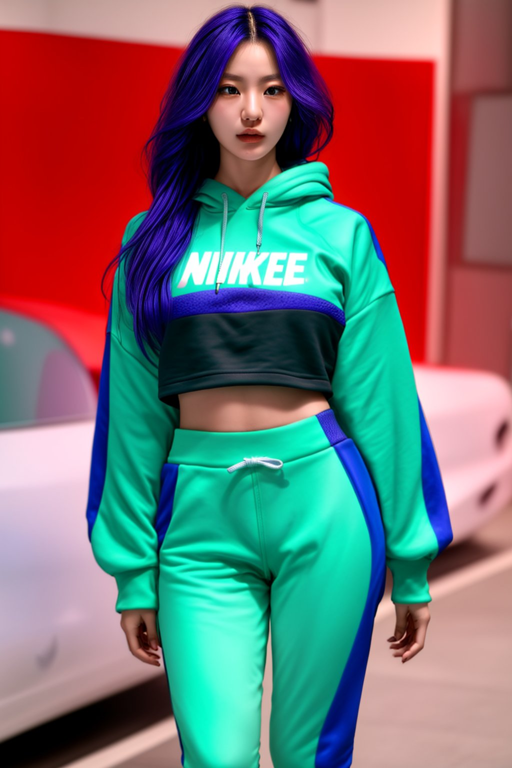 masterpiece , best quuality, 1 girl, delicate, masterpiece, beautiful detailed, colorful, finely detailed, detailed lips, intricate details, shiny skin, big breasts, Korean girl with long purple hair and blue eyes Wear a green Adidas cropped long-sleeved hoodie. Black Nike tight pants white nike shoes Standing in a Nike store,