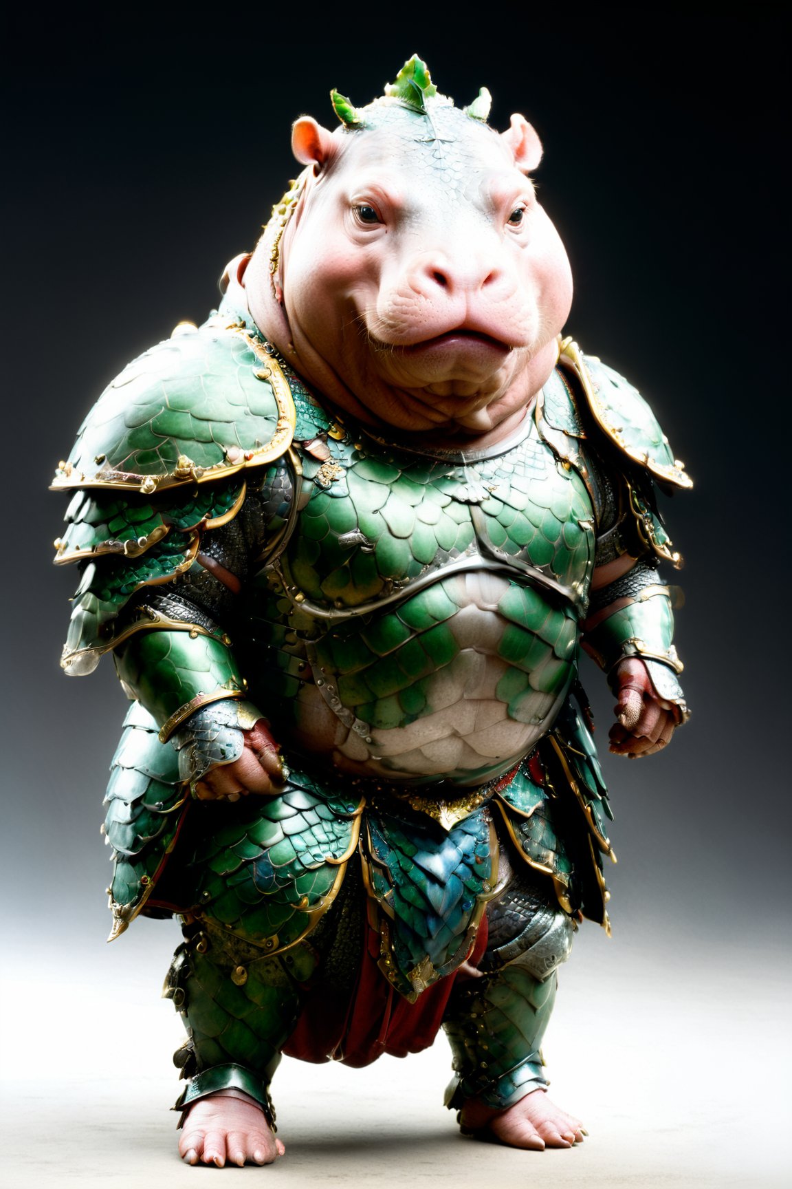 photorealistic portrait of Dressed animals - a fat baby hippo warrior,( dynamic action pose), high quality,(lovely) ,intricate details, highly detailed ((dragon armor)) ,highly detailed decorations, , (happy), studio lighting,(full body image:1.5),dragon armor