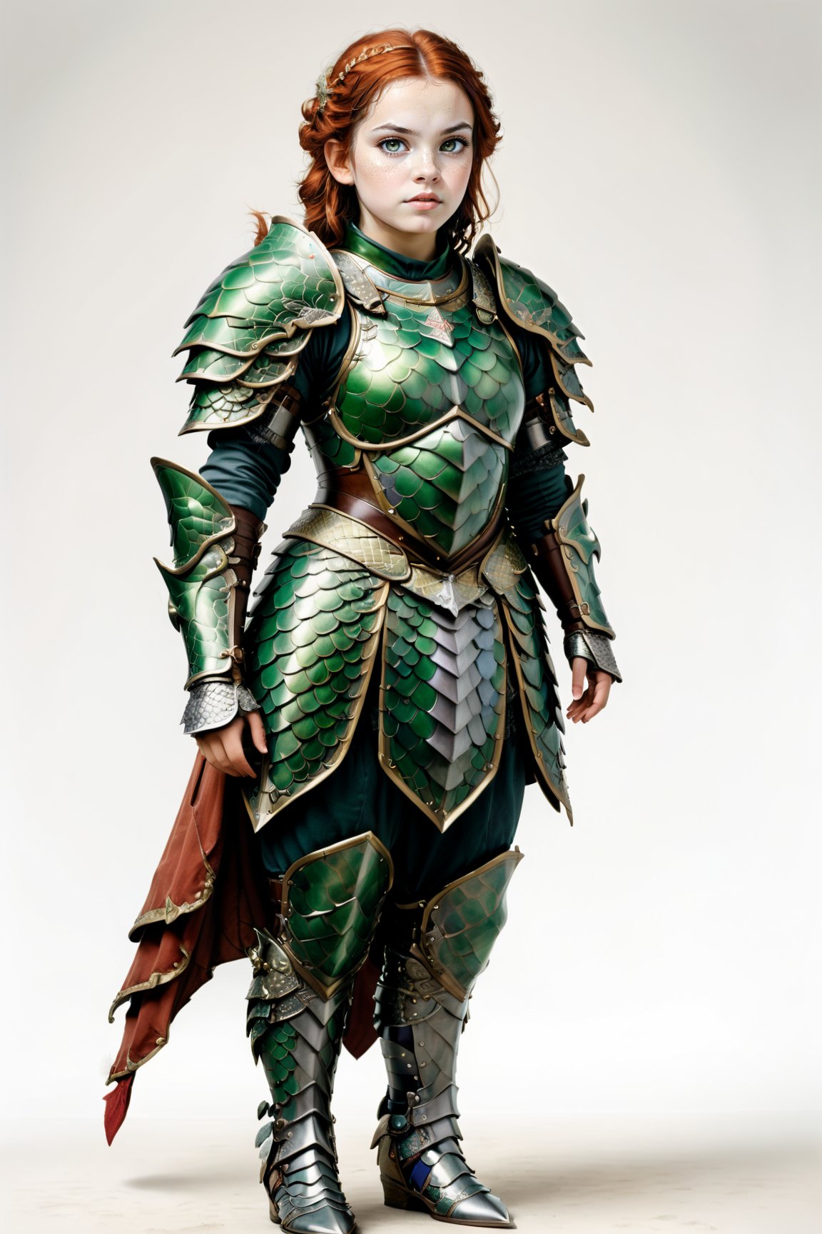 portrait of dwarf teen girl wearing dragon armor, full shot (FS), ((full body with legs)), standing, looking straight, | (white background:1.2), simple background |, medieval, muted colors, digital art, 8K resolution, ultra quality, Watercolor, trending on artstation, intricate details, highly detailed, greg rutkowski,dragon armor