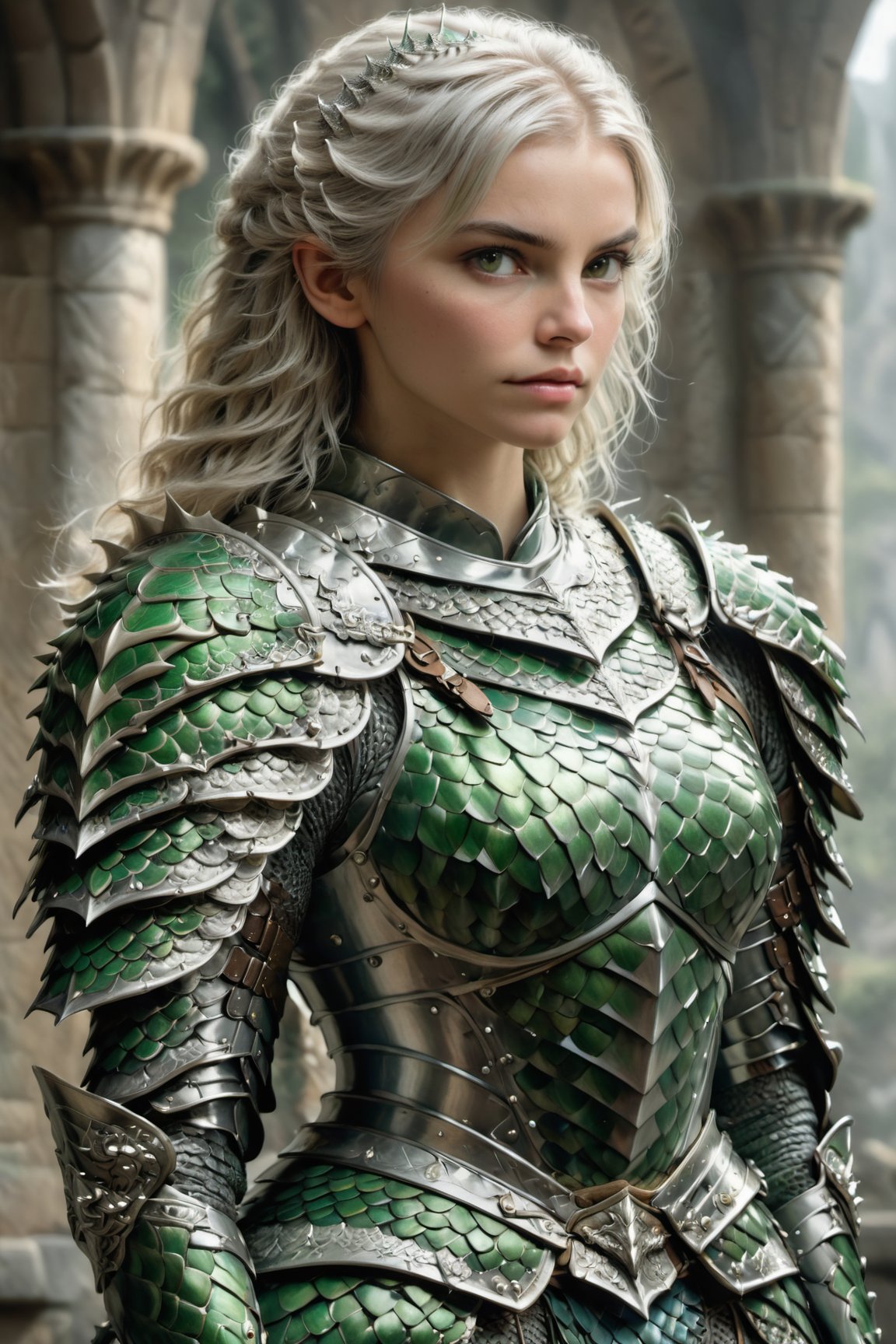 European style, fantasy, solo, cute girl, wearing dragon armor, white & silver long hair, battle, faithing, enemy, ruins, holding long sword, (masterpiece), (best quality), (ultra-detailed), (an extremely delicate and beautiful), ((textile shading)), (caustics), (((sharp focus))),dragon armor