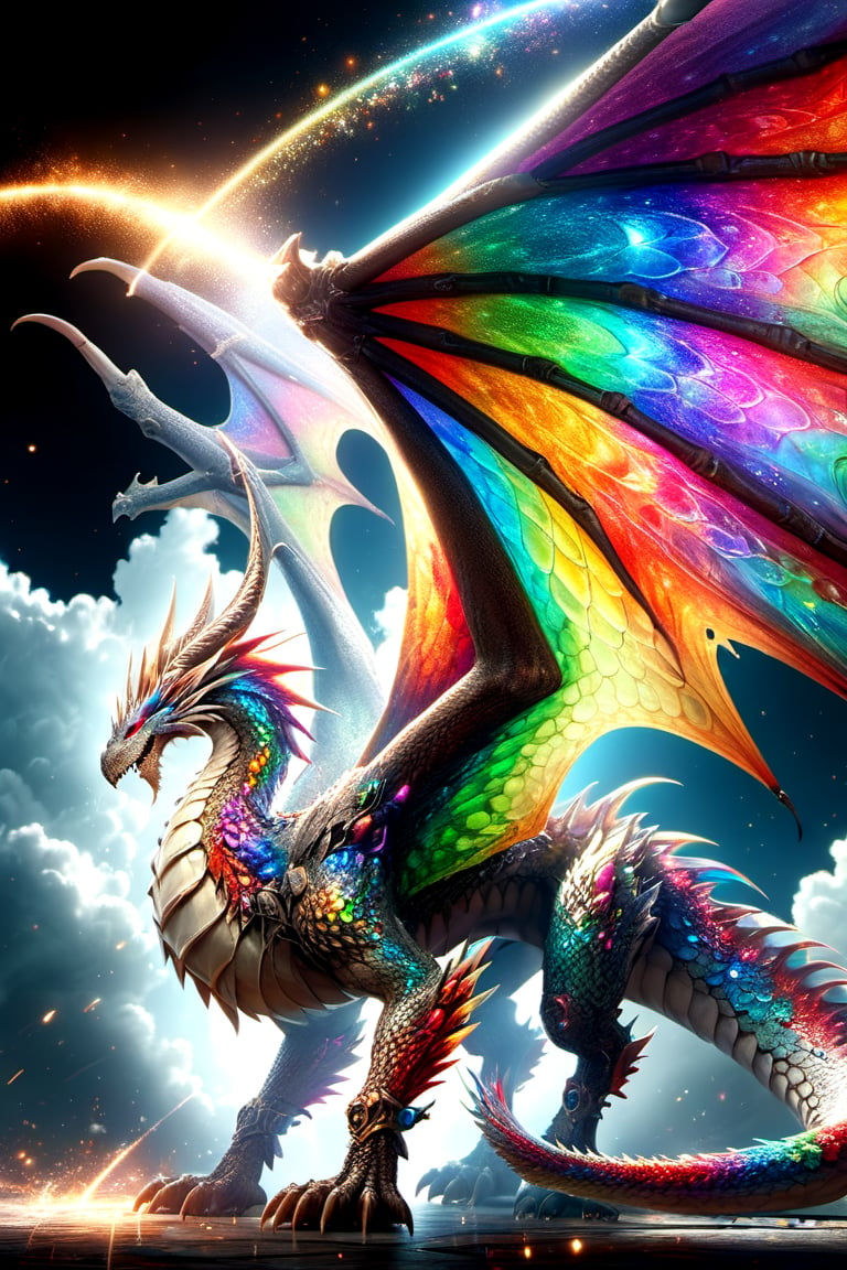 RainbowDragon,The dragon soars in the sky and looks down on the ground, its majestic appearance makes people fearful, and it flies gracefully with its beautiful wings flapping wide.
(blur:1.5), face focus, steampunk, dynamic angle, 
BREAK,
Generate an image with a large steampunk clock tower as the background,
BREAK,
lens flare, (HDR:1.3), luminous in background, (sparkling effect:1), Very beautiful digital animation style illustrations, super high definition, unreasonable, Best Quality, absurdres, highres, (ultra-detailed), (extremely detailed:1.4), ultra high res
