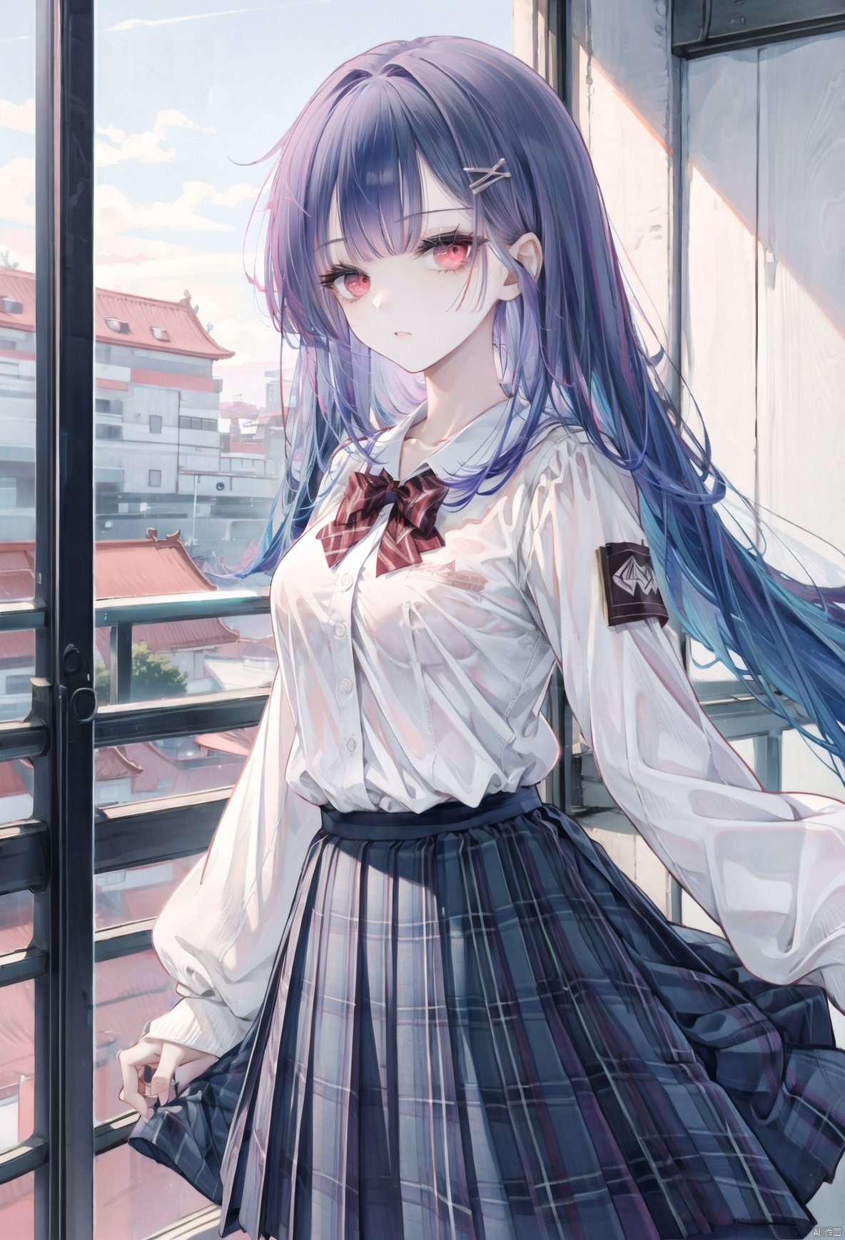  YingTan, 1girl,solo. purple hair, red eyes, hairclip, long hair, very long hair, white shirt, school uniform, pleated skirt, plaid skirt, cowboy shot, solo focus, 