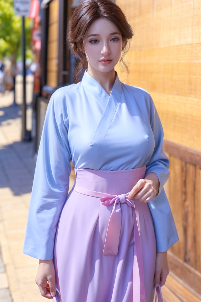 A 40-year-old lady in a traditional, elegant Hanbok, showcasing a more natural and realistic appearance. The Hanbok is in tasteful pastel colors, enhancing her subtle beauty. This image aims to capture a high level of realism, akin to a photograph taken with a Hasselblad camera. It includes fine details such as distinct pores on her forehead and cheeks, a small scar on her chin from a childhood accident, and a slightly asymmetrical mouth and eyes. The overall look should be a harmonious blend of cultural elegance and realistic, individual characteristics.",NahoK2, mature woman, large breasts, purple hair, sexy, milf,HP_Amelie