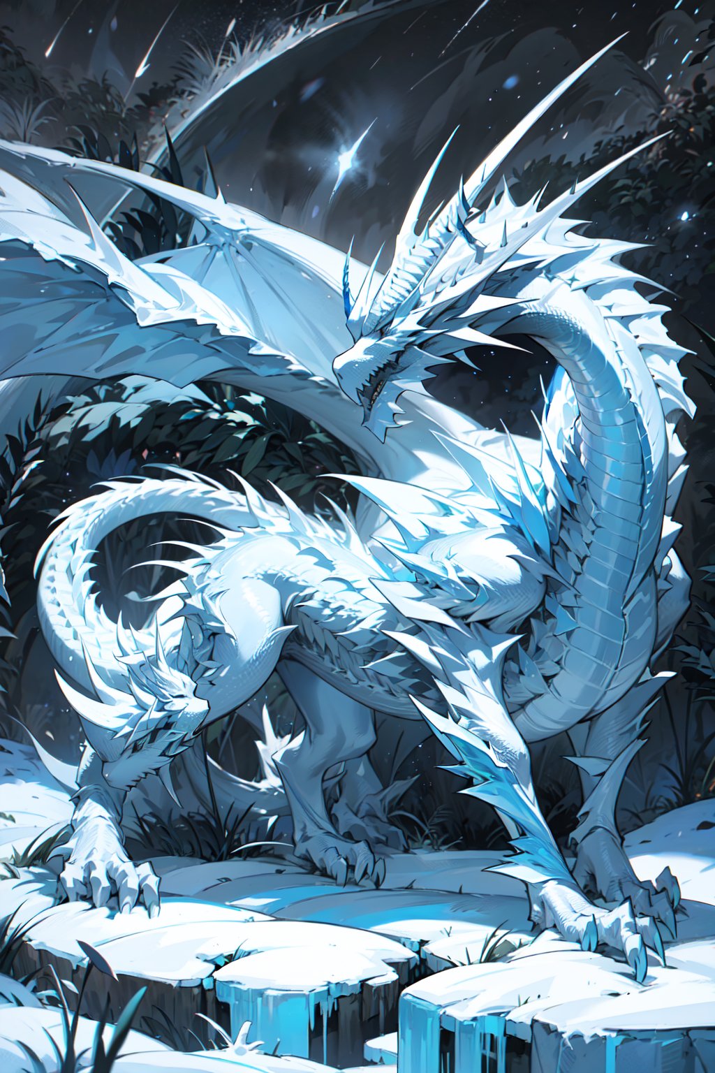 white dragon,ice dragon,starry sky,night,ice world,