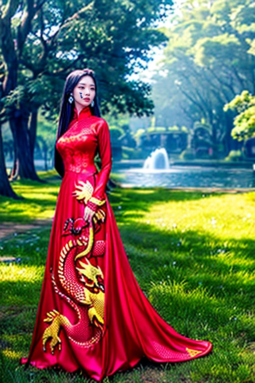 A beautyful vietnamese girls, 18 years, beauty face, wearing a pattern ao dai, red and yellow, dragon pattern, áo dài long. Full body shot, realistic, high_res, beauty lightning, outdoor in the park. 