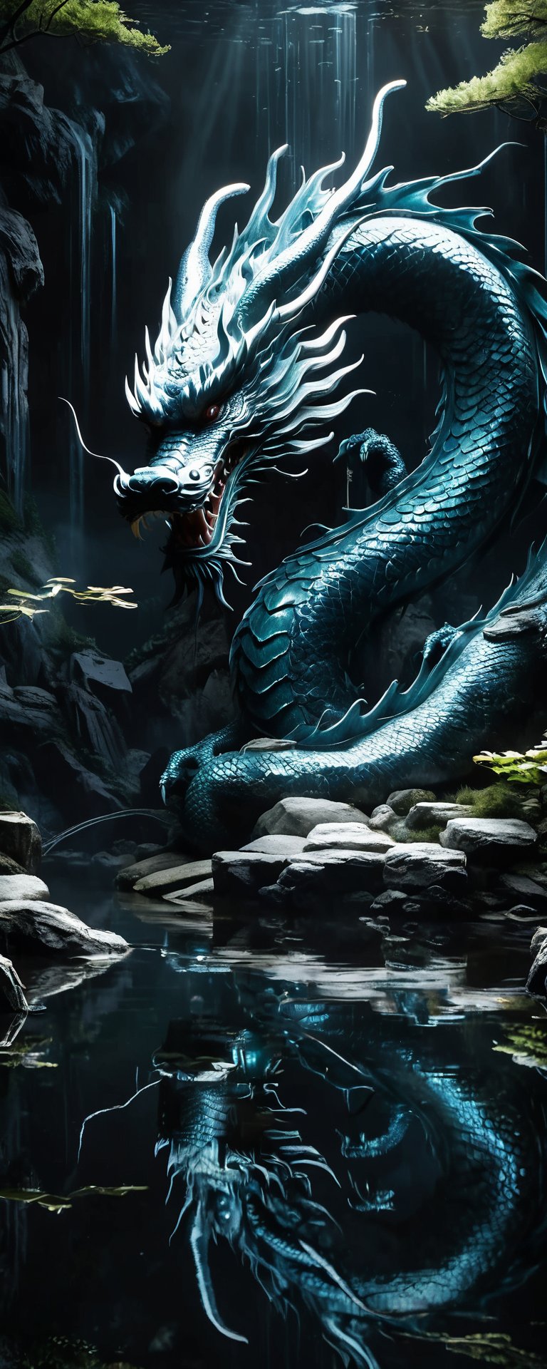 Mystical scene, 'Hidden dragon, do not act' concept, traditional Chinese dragon, splendid scales, lurking in depths of ancient dragon pool, readiness yet restraint, partially concealed by dark waters, immense potential, controlled power, mysterious setting, silhouette barely visible, wisdom of hidden strength, strategic patience, by FuturEvoLab, (Masterpiece, Best Quality, 8k:1.2), (Ultra-Detailed, Highres, Extremely Detailed, Absurdres, Incredibly Absurdres, Huge Filesize:1.1), evoking anticipation and mystery,Katon,Ninjutsu