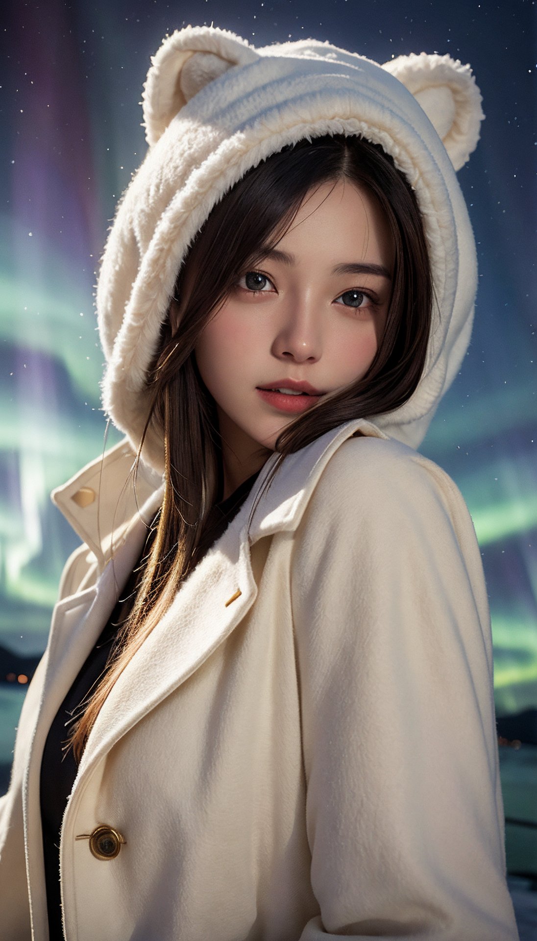 (best quality, masterpiece:1.2),ultra detailed,(photo realistic:1.4),1girl,fluffy coat,northern_lights