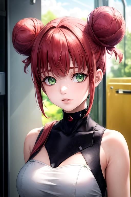 (best quality:1.1), (masterpiece:1.4), movie still, looking at viewer, upper body, , ligne claire, , 1girl, solo, <lora:flamme_synduality_noir:0.74>, flamme_synduality_noir, red hair, green eyes, , double bun, bangs, , islamic golden age, HD