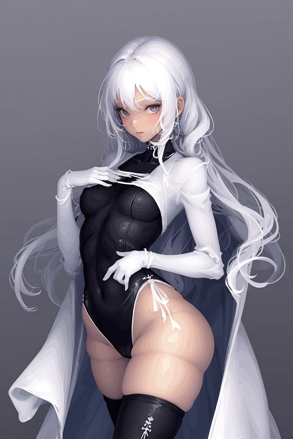 1girl, long coat,body suit,thighhighs,long hair,dark skin,simple background, (((masterpiece,best quality))),