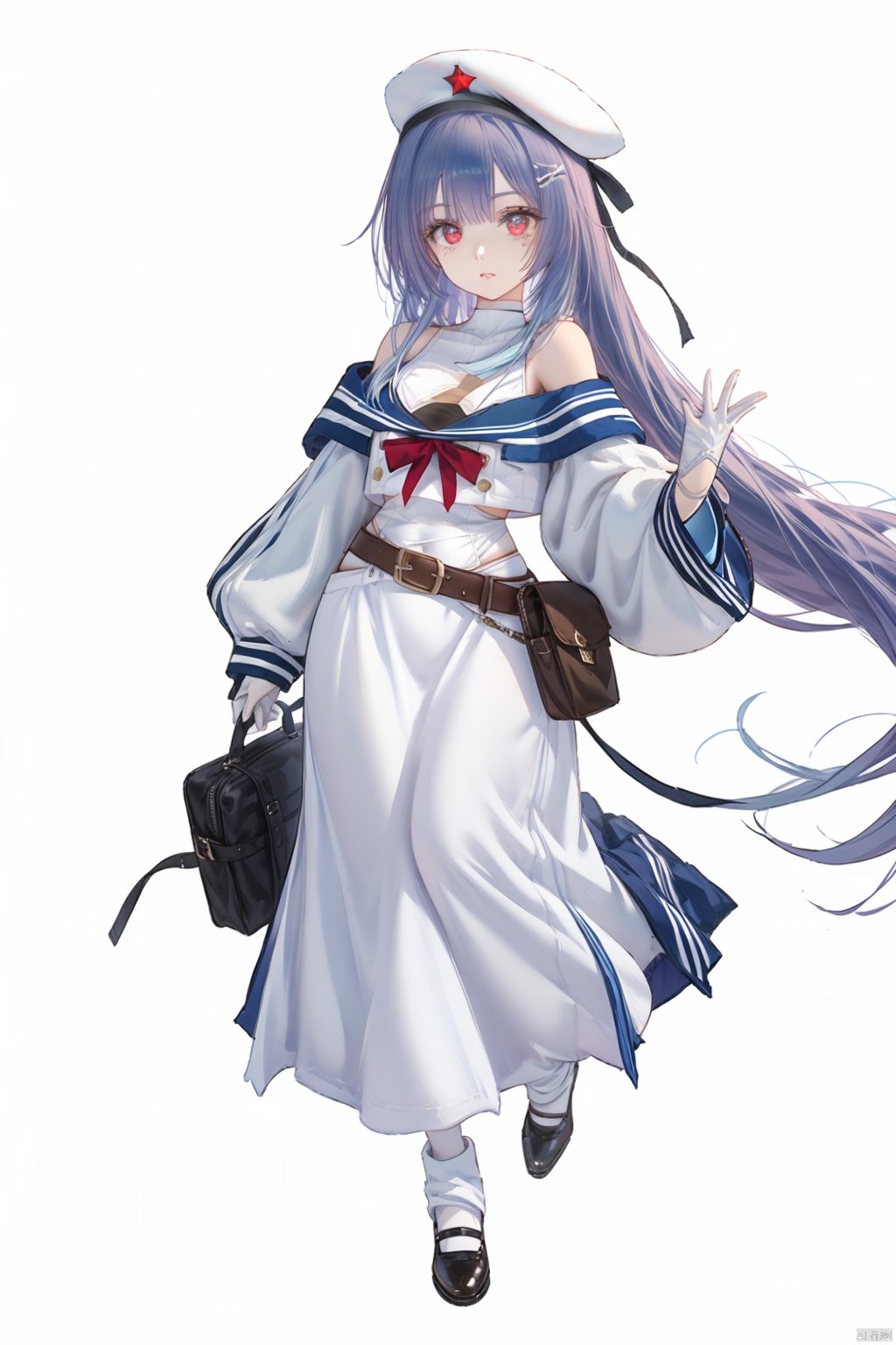  YingTan, 1girl, solo, long hair, white gloves, white headwear, gloves, white background, short shirt, skirt, looking at viewer, long skirt, standing, full body, long sleeves, bare shoulders, white skirt, sailor collar, off shoulder, belt, leotard, white leotard, shoes, shirt, breasts, blue sailor collar, beret, white shirt, purple hair, red eyes,