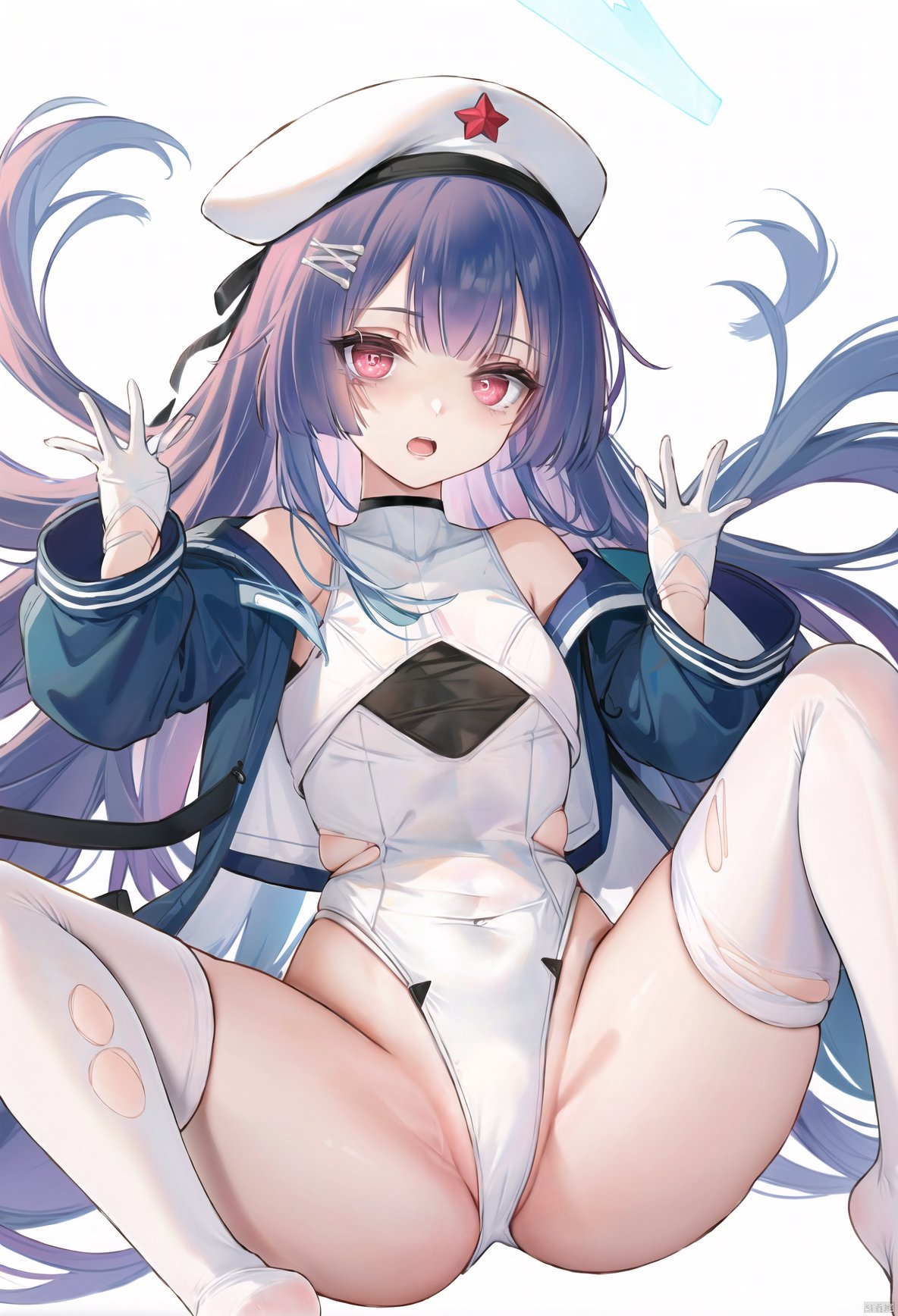 YingTan,1girl,solo,thighhighs,gloves,long hair,white gloves,spread legs,soles,feet,very long hair,torn clothes,no shoes,open mouth,toes,jacket,white thighhighs,blush,open clothes,white background,breasts,cameltoe,leotard,looking at viewer,covered navel,absurdly long hair,white headwear,simple background,shoes removed,lying,torn thighhighs,shoes,on back,legs up,headwear removed,small breasts,