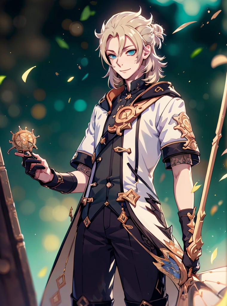 (masterpiece, best quality:1.2), Albedo,  blonde_hair, short_hair,  blue_eyes, smile, library,  perfect_ eyes, ,High detailed , holding_weapon, 1boy, male focus