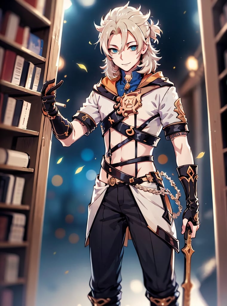 (masterpiece, best quality:1.2), Albedo, 1boy, 
male focus, blonde_hair, short_hair,  blue_eyes, smile, library,  perfect_ eyes, ,High detailed , holding_weapon