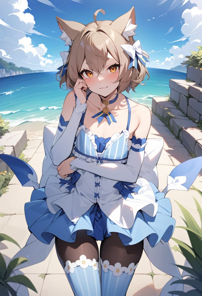 solo, male focus, 1boy, felix argyle, otoko no ko, :3, looking at viewer, hand on own face, hair bow, dress, striped, ribbon, detached sleeves, pantyhose, blue choker, tail, collarbone, bare shoulders, outdoors, masterpiece, best quality, newest <lora:rezero_felixargyle_xl-000004:1>