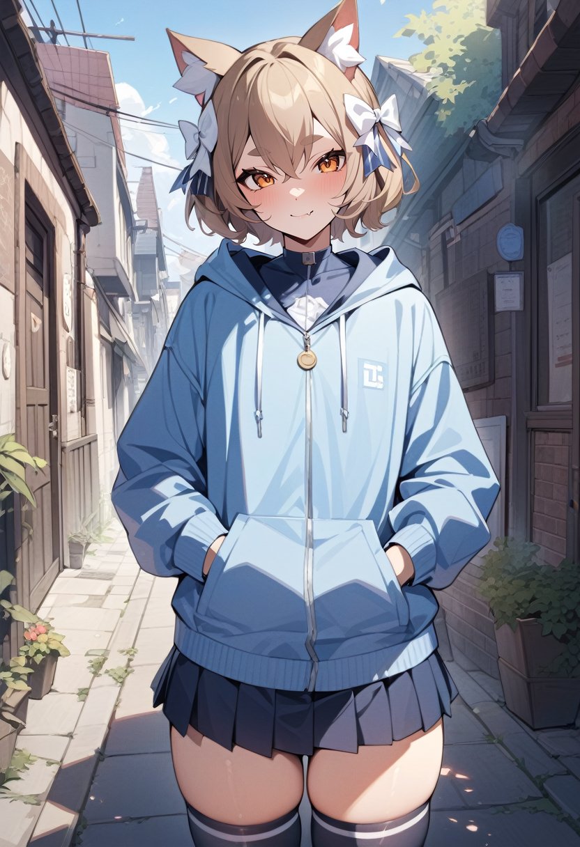 solo, male focus, 1boy, felix argyle, otoko no ko, skin fang, smile, looking at viewer, hand in pocket, hair bow, blue hoodie, pleated skirt, thighhighs, tail, outdoors, masterpiece, best quality, newest <lora:rezero_felixargyle_xl-000004:0.8>