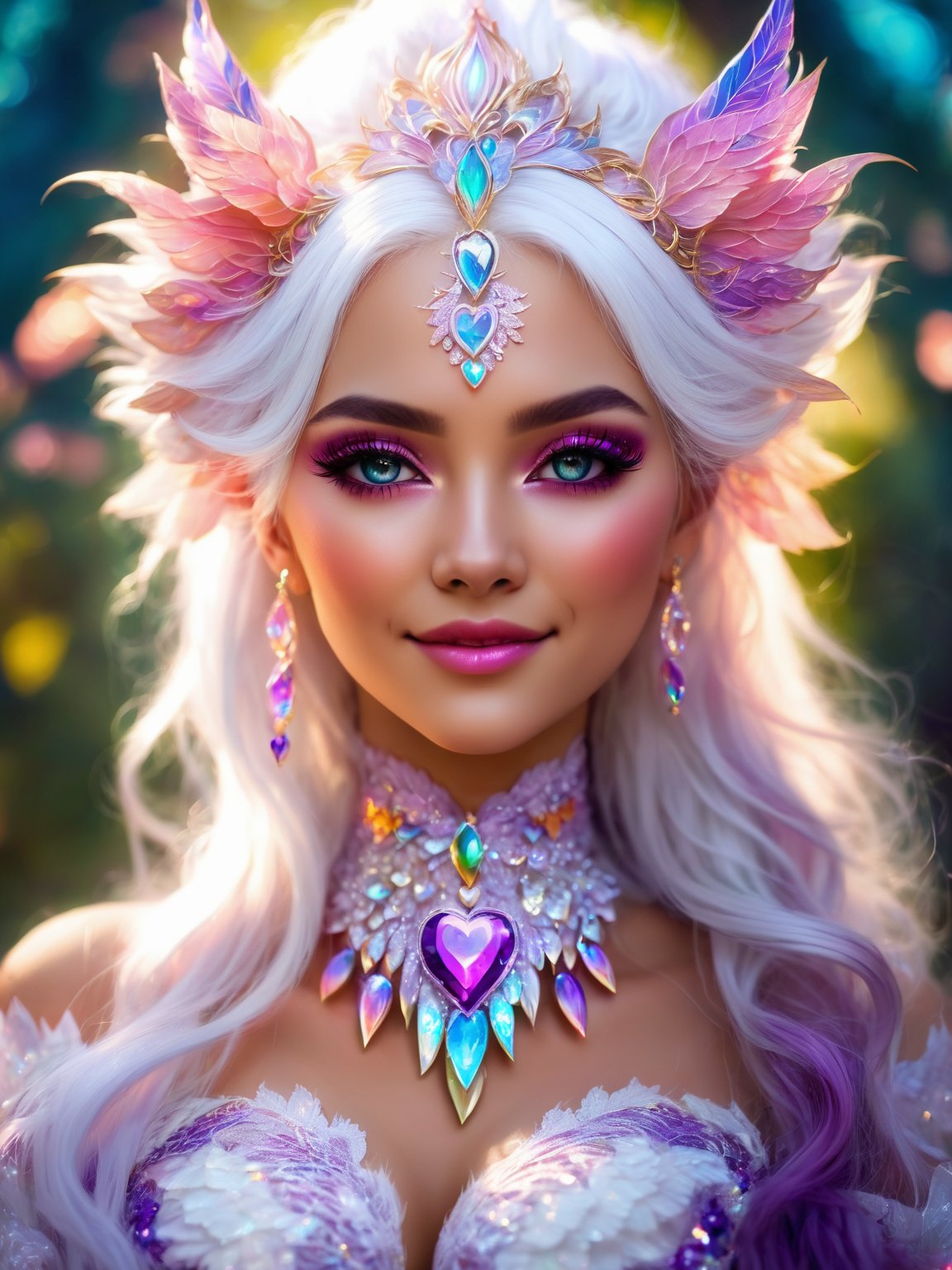 (best quality,8K,highres,masterpiece), ultra-detailed, (fantasy creature, super colorful), featuring a mesmerizing being with heart-shaped pupils, ethereal white hair, and enchanting purple eyes. Their cheeks are adorned with a gentle blush (blush:1.1), and they wear a captivating choker around their elegant neck. The upper body of this fantastical creature is adorned with a shimmering crop top that radiates love and happiness. A cheerful smile graces their face as they emanate an aura of joy and enchantment. Their lace attire and surroundings are a dazzling tapestry of vibrant colors and bokeh, creating a dreamlike atmosphere. Freckles (freckles:0.8) adorn their natural skin texture, adding a touch of uniqueness to their portrait. The scene is an explosion of fantastical hues, making this creature a living embodiment of a vivid and magical world.