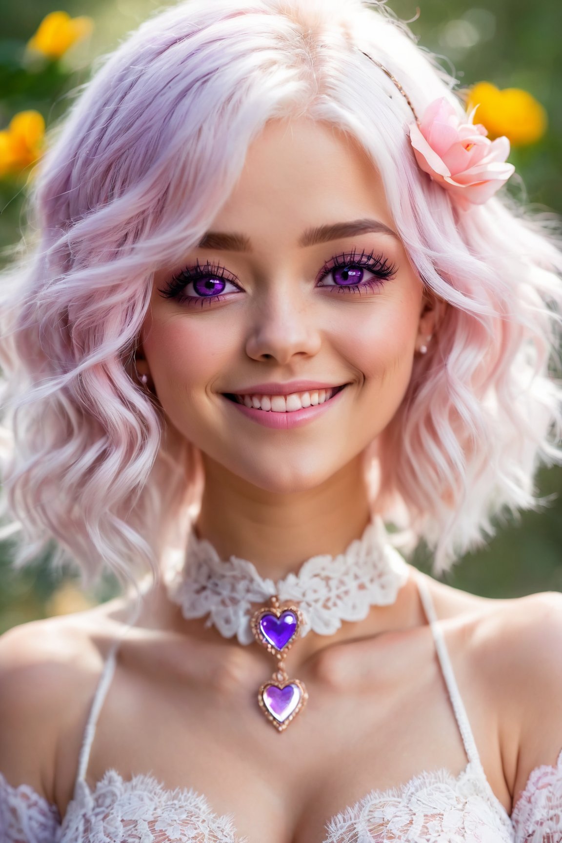 1girl, heart-shaped pupils, fingernails, white hair, purple eyes, (blush:1.1), choker, upper body, trembling, sweat, sweatdrop, heart, (medium breasts:0.6), love, heart, crop top, happy, smile, lace, bokeh, (freckles:0.8), natural skin texture, portrait