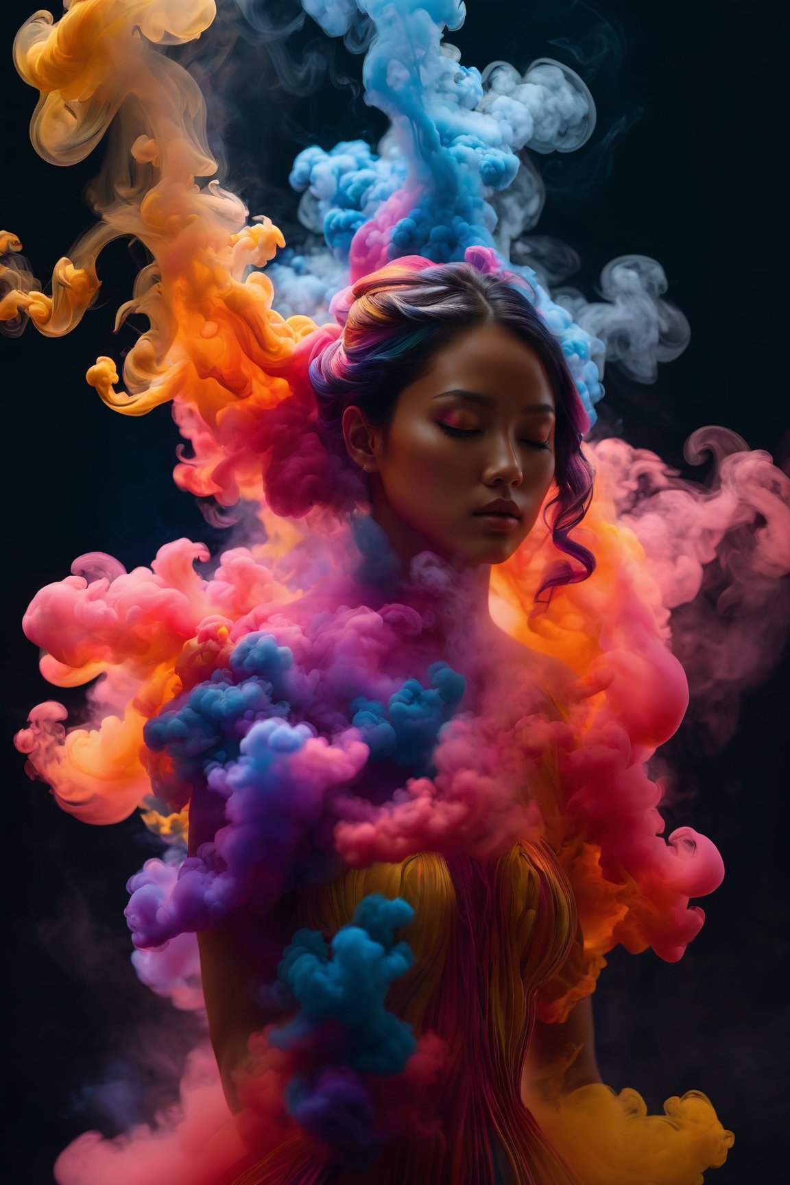 (best quality, 8K, highres, masterpiece), ultra-detailed, (portrait art, illustration), full-body zoom of a female-shaped colored sculpture made of dynamic dispersing smoke. The scene features playful body manipulations with warm and clean aesthetics, emphasizing uncommon beauty. Utilizing the rule of thirds composition, the detailed environment with strong lines enhances the overall visual impact. Vibrant and colorful smoke particles float in the air, creating a visually rich and striking figure. The well-lit scene, achieved with studio lights, maintains ultra-sharp focus and a high-speed shot aesthetic