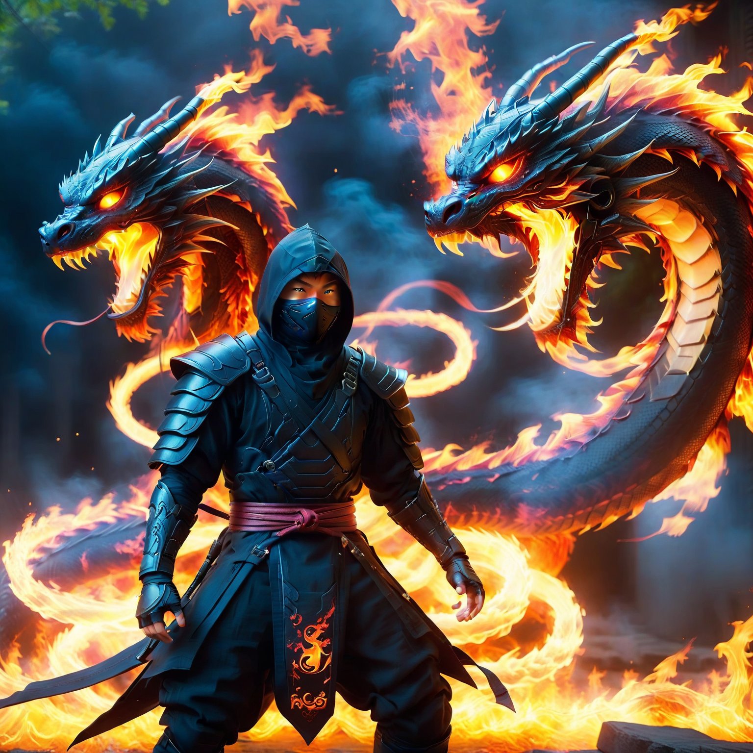 Ninja, Katon, Ninjutsu, Solo, 1boy, Standing, Full, Body, Male, Focus, Hood, Armor, Glowing, Fire, Glowing, Eyes, Dragon,