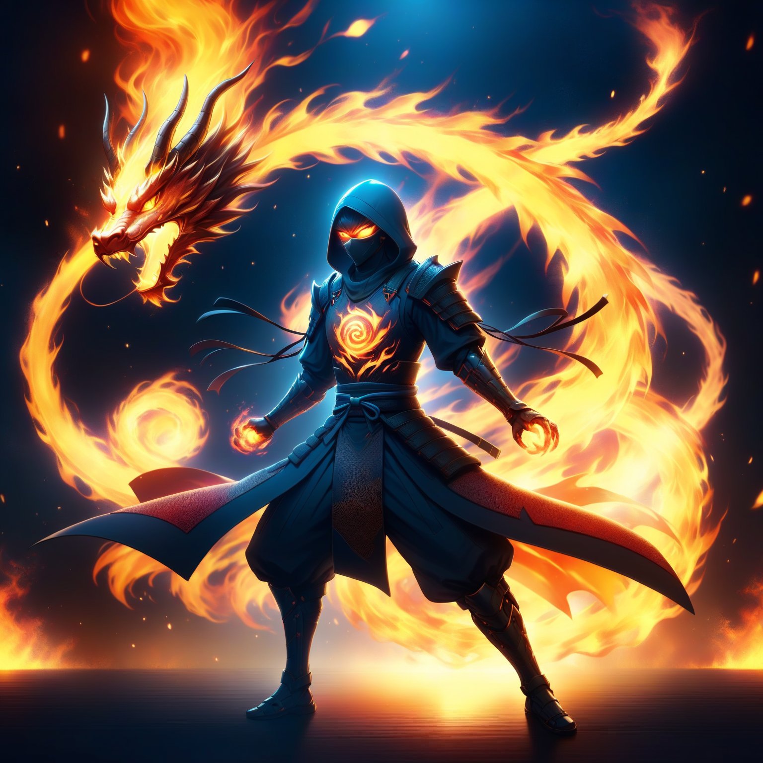 Ninja, Katon, Ninjutsu, Solo, 1boy, Standing, Full, Body, Male, Focus, Hood, Armor, Glowing, Fire, Glowing, Eyes, Dragon,