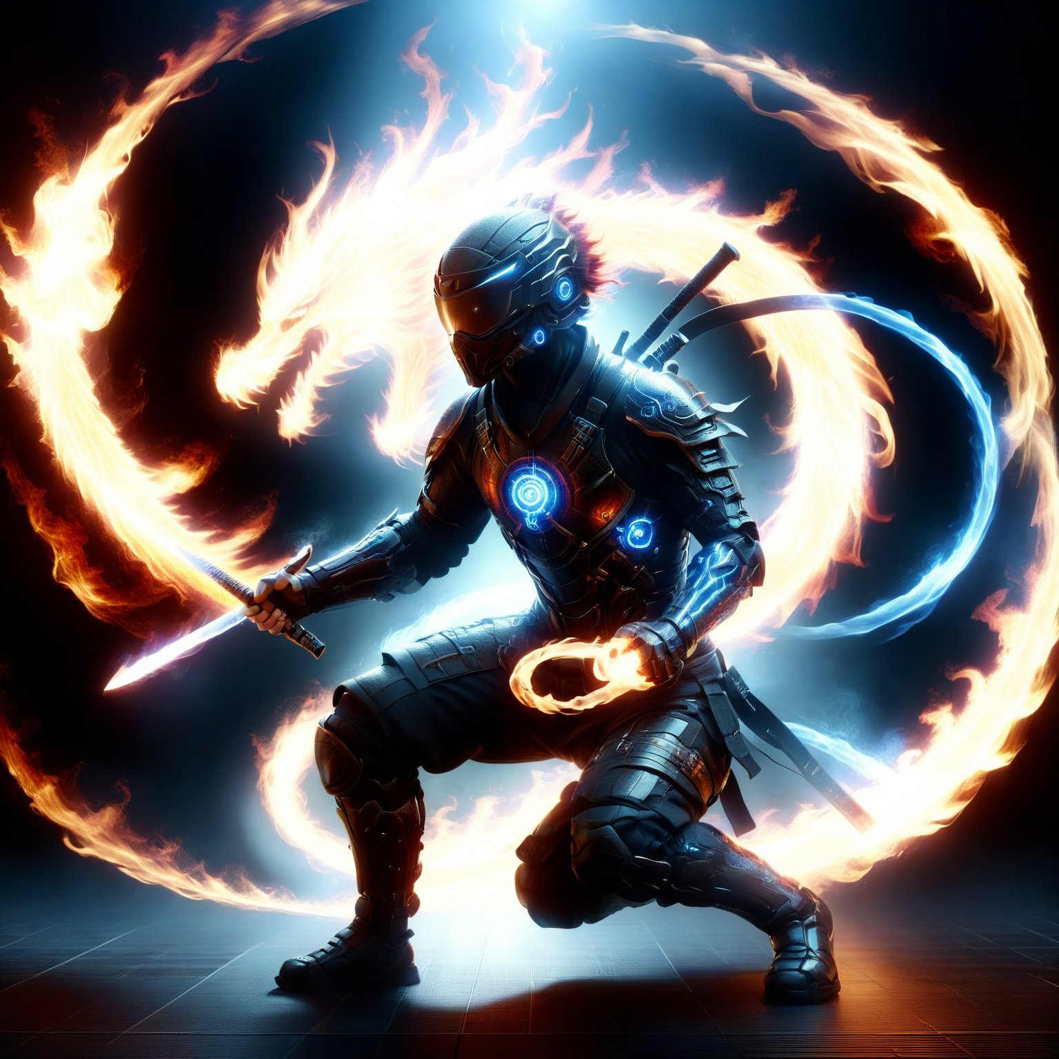 Ninja, Katon, Ninjutsu, Solo, 1boy, Holding, Full Body, Weapon, Male Focus, Sword, Holding Weapon, Armor, Bodysuit, Glowing, Holding Sword, Squatting, Helmet, Fire, Cyborg, Glowing Weapon, Glowing Sword, Flaming Weapon, Flaming Sword, 