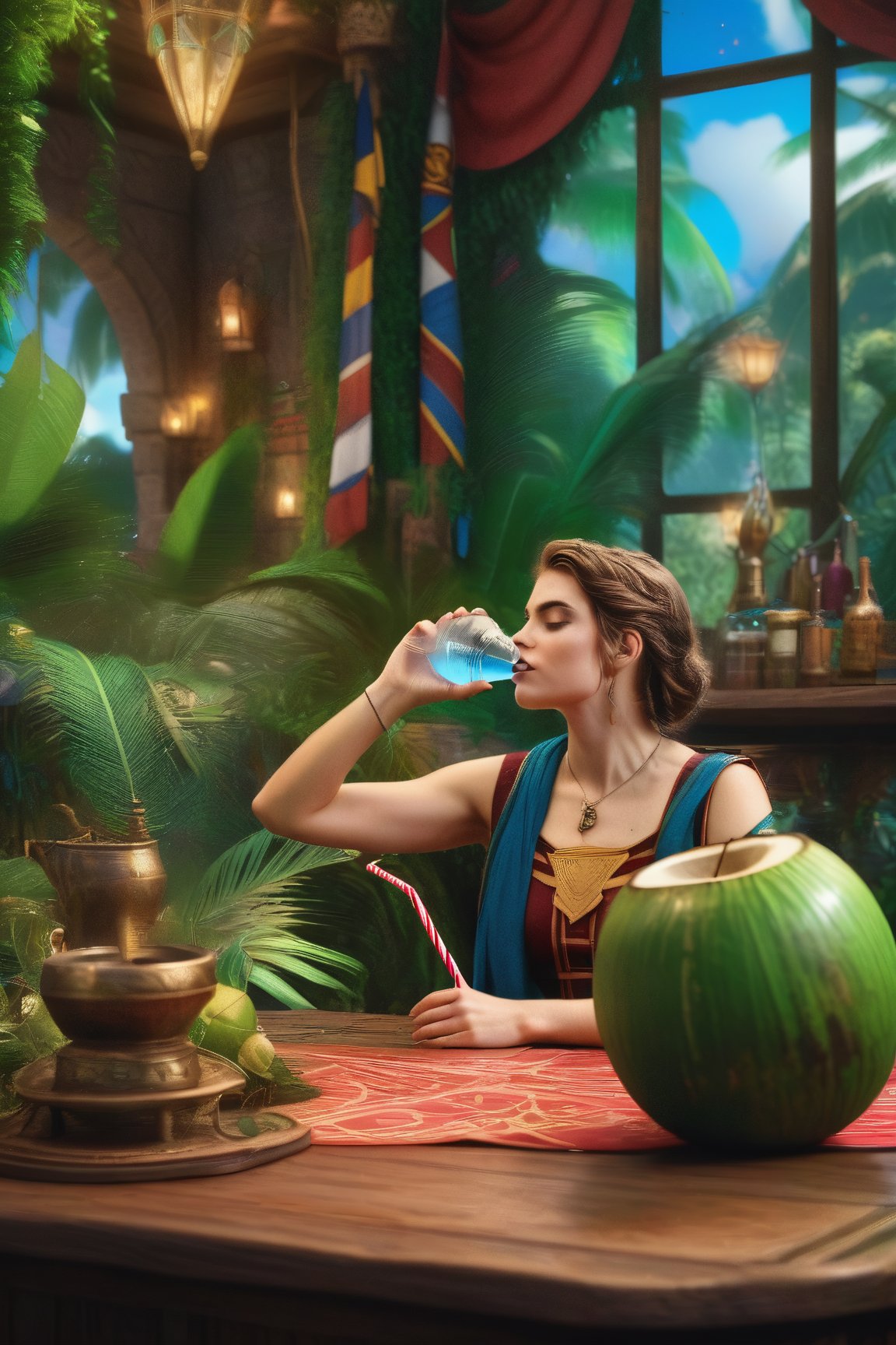 an woman drinking water from a green coconut with a straw is in the foreground. The surrounding decor contains green plants, a triforce symbol, Harry Potter references and circus flags, detailed matte painting, deep colors, fantastic and intricate details, splash screen, complementary colors, fantasy concept art, 8k resolution trending on Artstation Unreal Engine