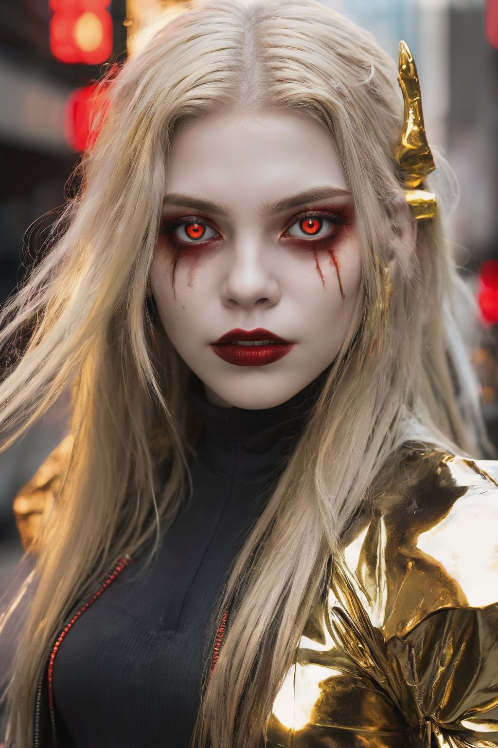 Red eyes, evil, golden, shiny, gold hair,High detailed ,midjourney,perfecteyes,Color magic,urban techwear,hmochako,better witch,witch, witch,Long hair,free style,horror (theme)