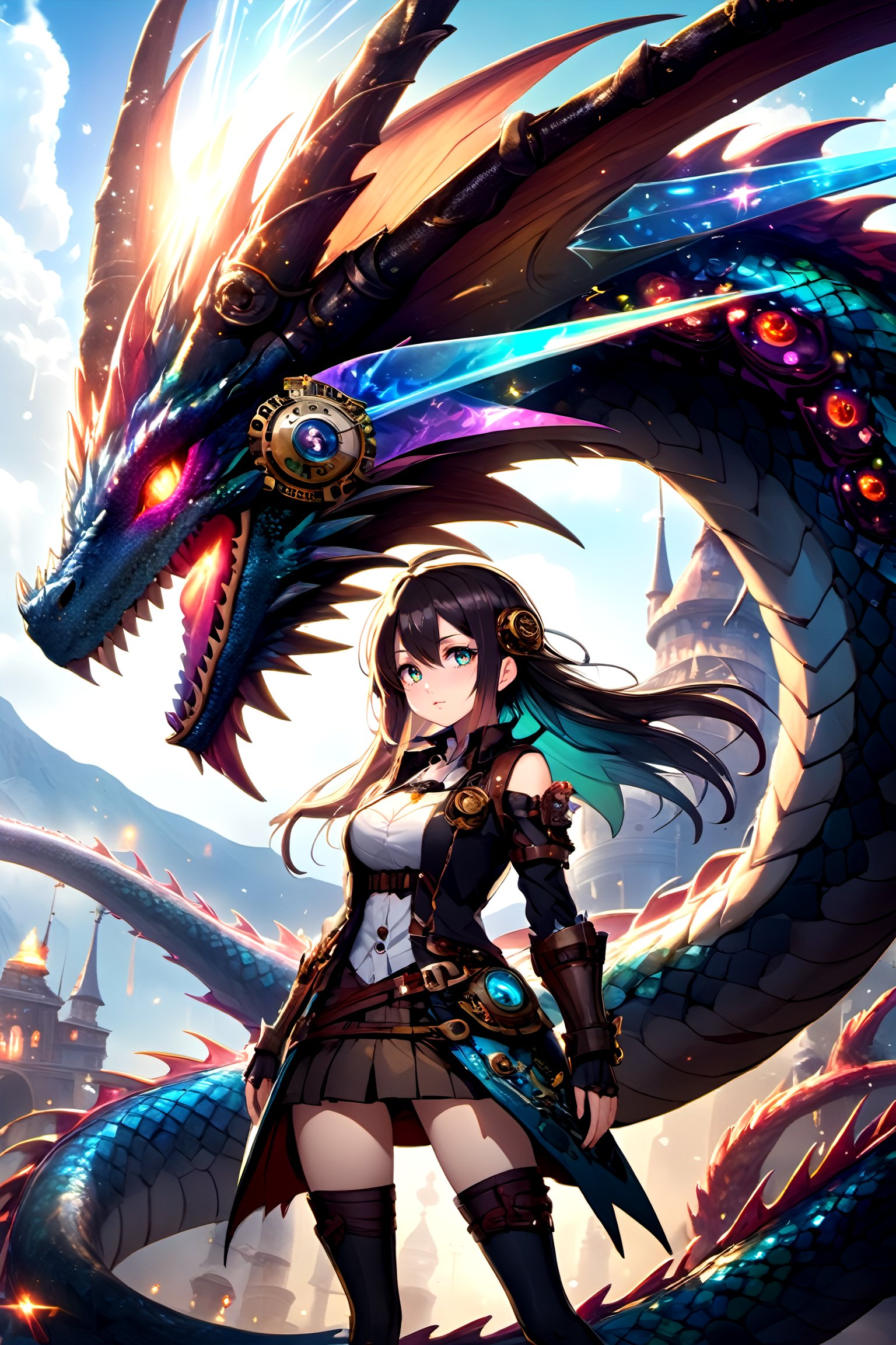 RainbowDragon,
Adventurer very beautiful and kawaii girl is terrified in front of the dragon, ultra high-definition animated style, elaborate armor and weapons
BREAK,
Generate an image with a large steampunk clock tower as the background,
BREAK,
lens flare, (HDR:1.3), luminous in background, (sparkling effect:1), Very beautiful digital animation style illustrations, super high definition, unreasonable, Best Quality, absurdres, highres, (ultra-detailed), (extremely detailed:1.4), ultra high res
