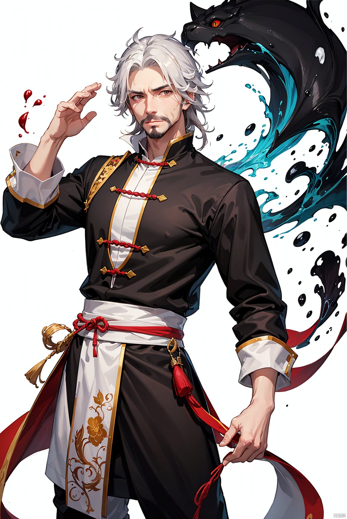 facial hair,squint,cool,(Middle-aged male),facing viewer,(masterpiece:1.2), best quality,PIXIV, splashing ink,long hair, solo, Chinese clothes, white background, sash, long sleeves, bangs, gf-hd,Taoist
