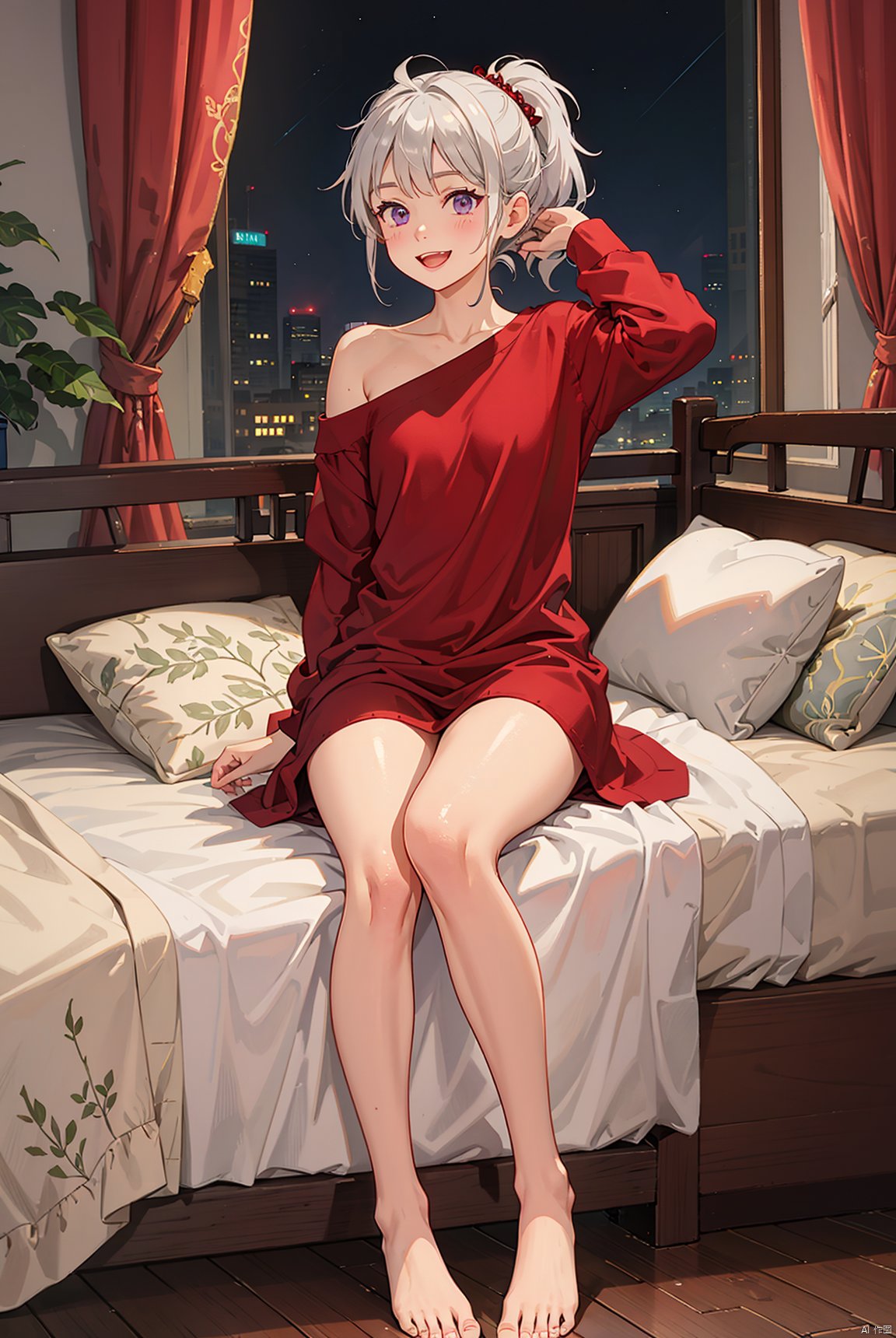 Full body, at night, in the bedroom, there is a (cute) girl sitting by the bed, with gray white hair, shoulder length ponytails, purple eyes, a small body shape, slim figure, white to red skin, upper body tilted backwards, hands open, arms open, legs together, smiling, cheeks slightly flushed, mouth slightly open, wearing a little devil dress and pajamas, without shoes on