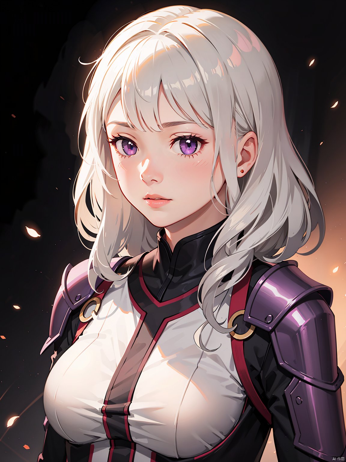  realistic, 1girl,portrait,close-up,white hair, purple eyes, japanese armor, backlighting, light particles, light rays, wallpaper,